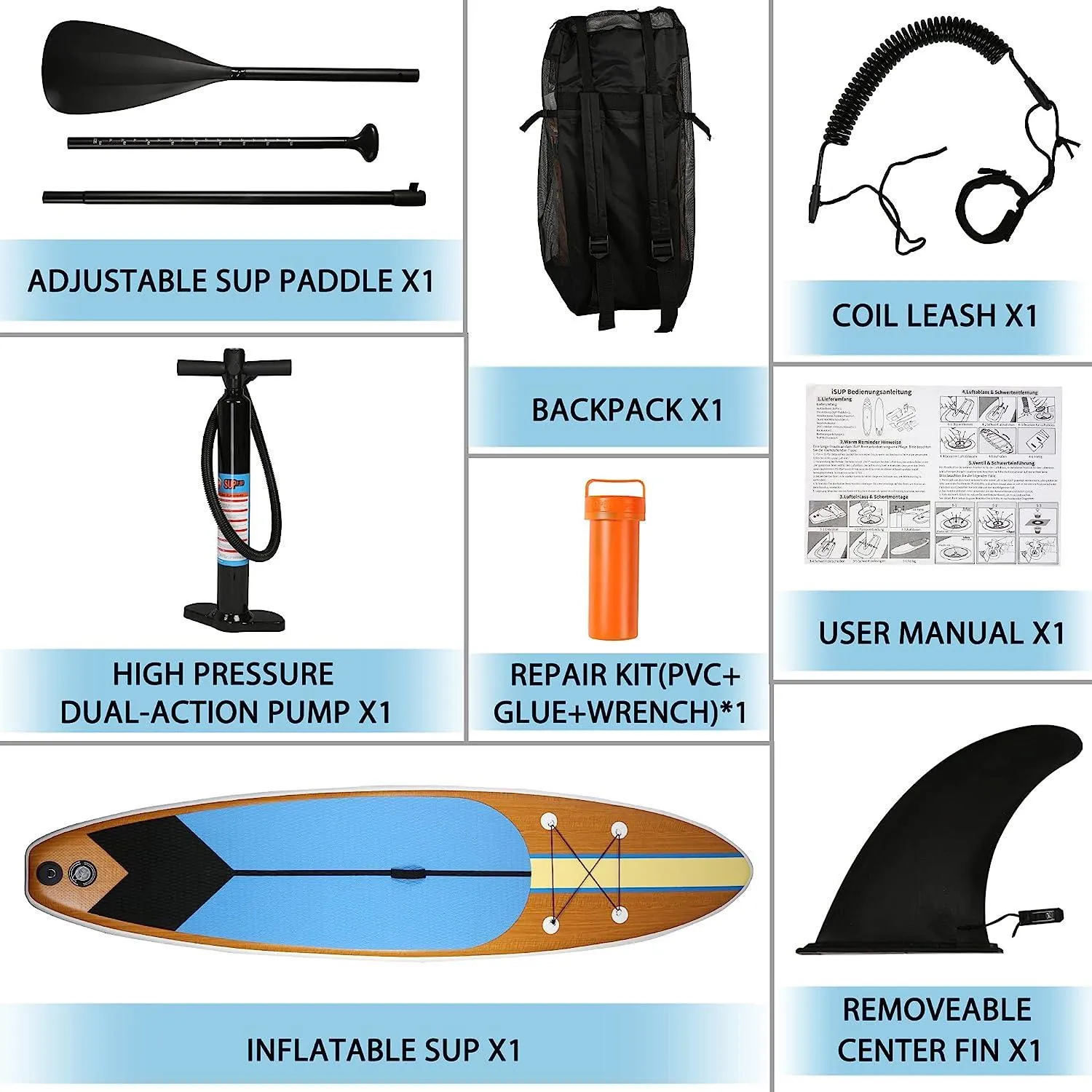 11'x30"x6" Inflatable Stand Up Paddle Board with SUP Accessories & Carry Bag, Brown