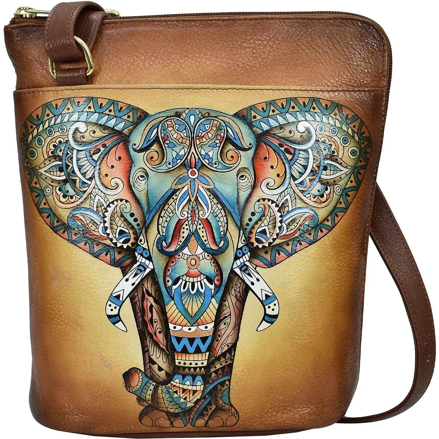 Anuschka Organizer Crossbody with Extended Side Zipper Elephant Mandala Leather