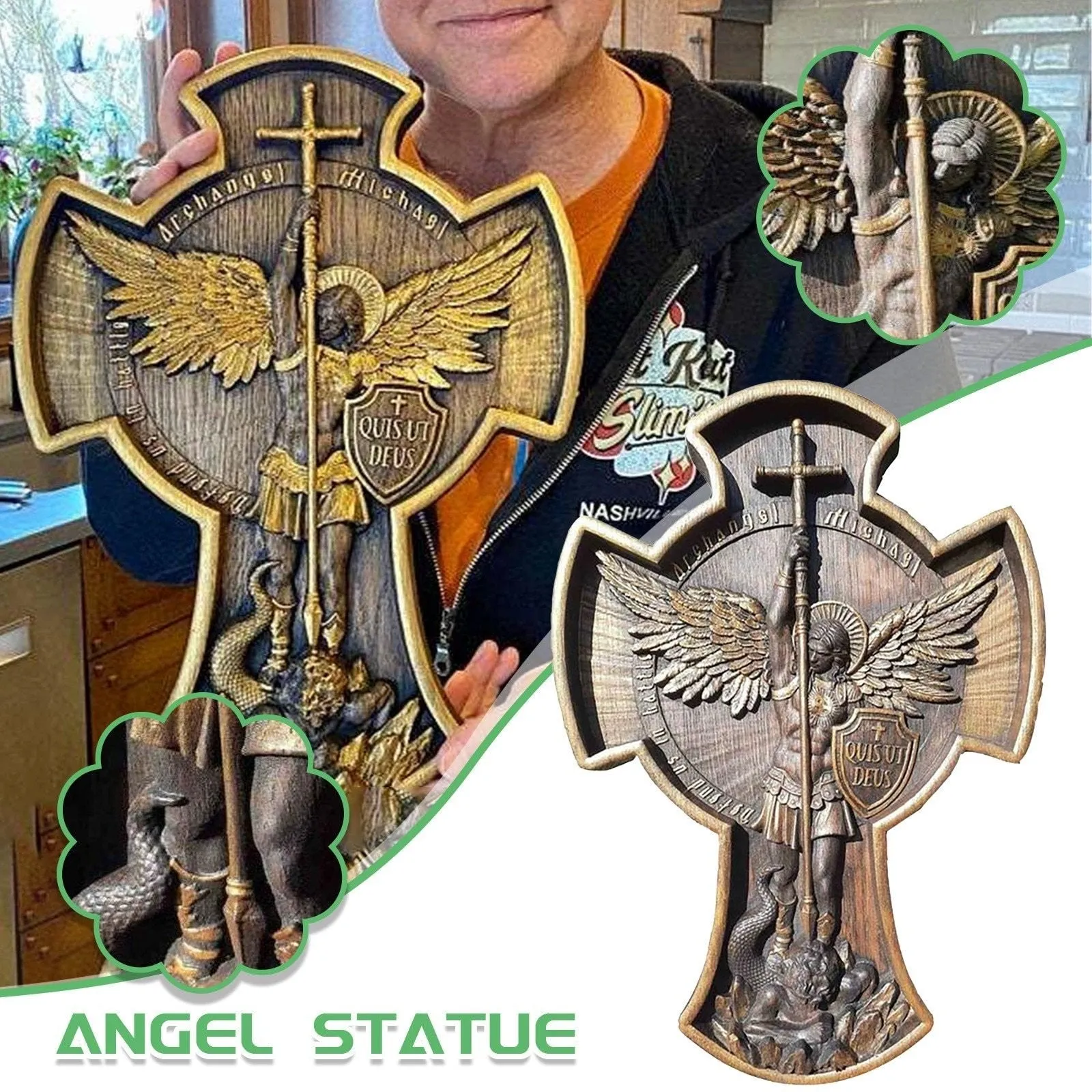 Archangel Michael Natural Wood Carved Statue