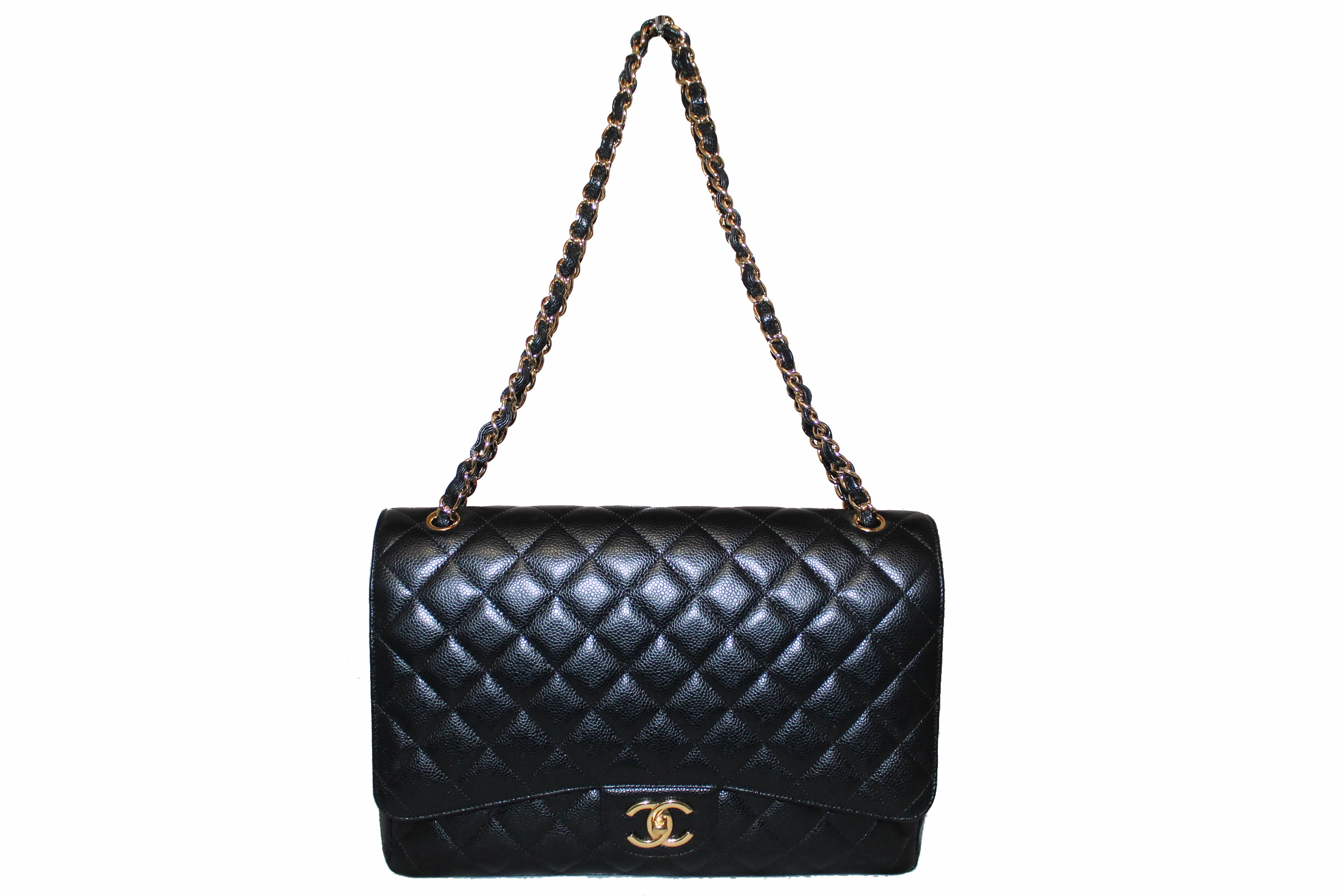 Authentic Chanel Black Quilted Caviar Leather Maxi Double Flap Bag