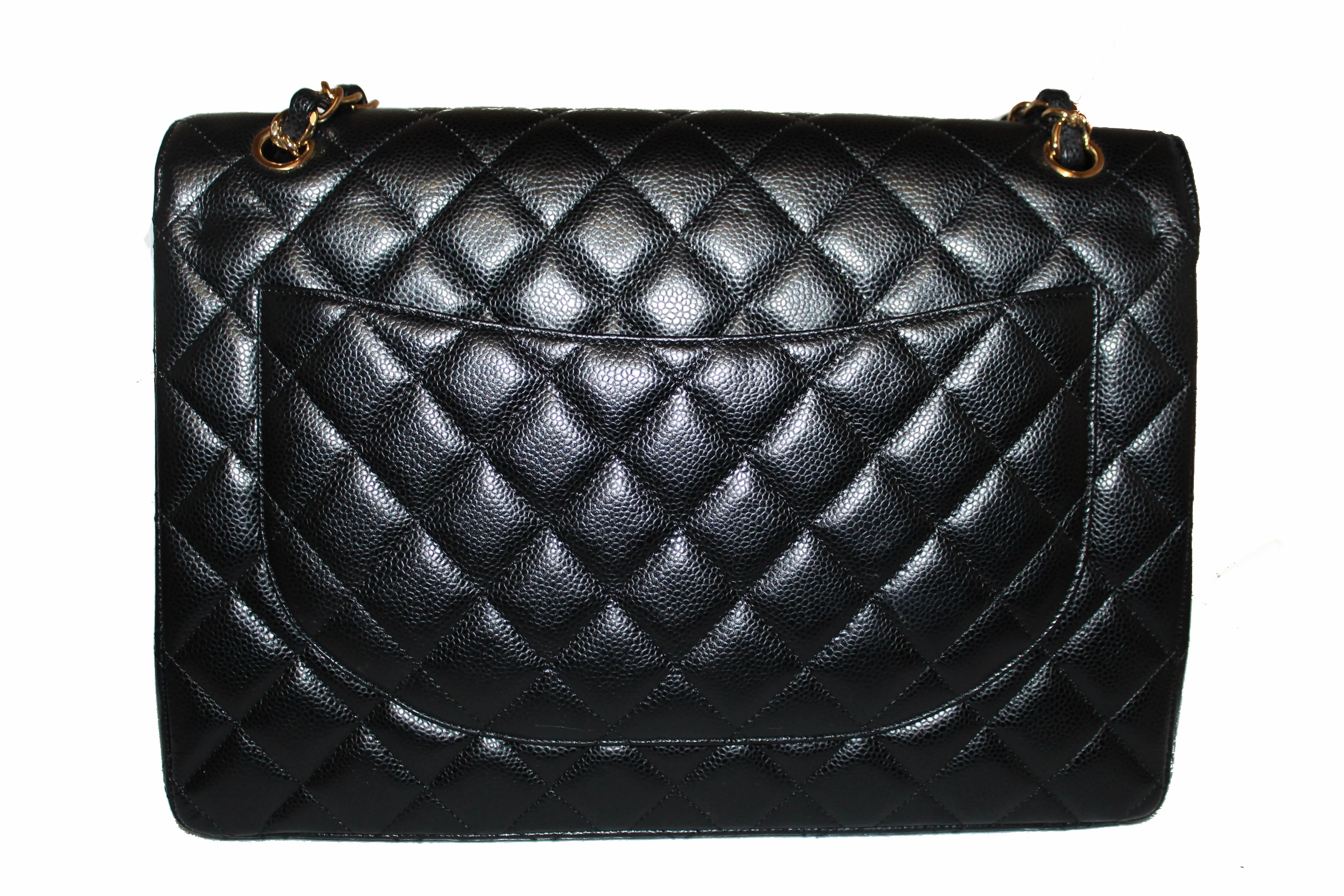 Authentic Chanel Black Quilted Caviar Leather Maxi Double Flap Bag