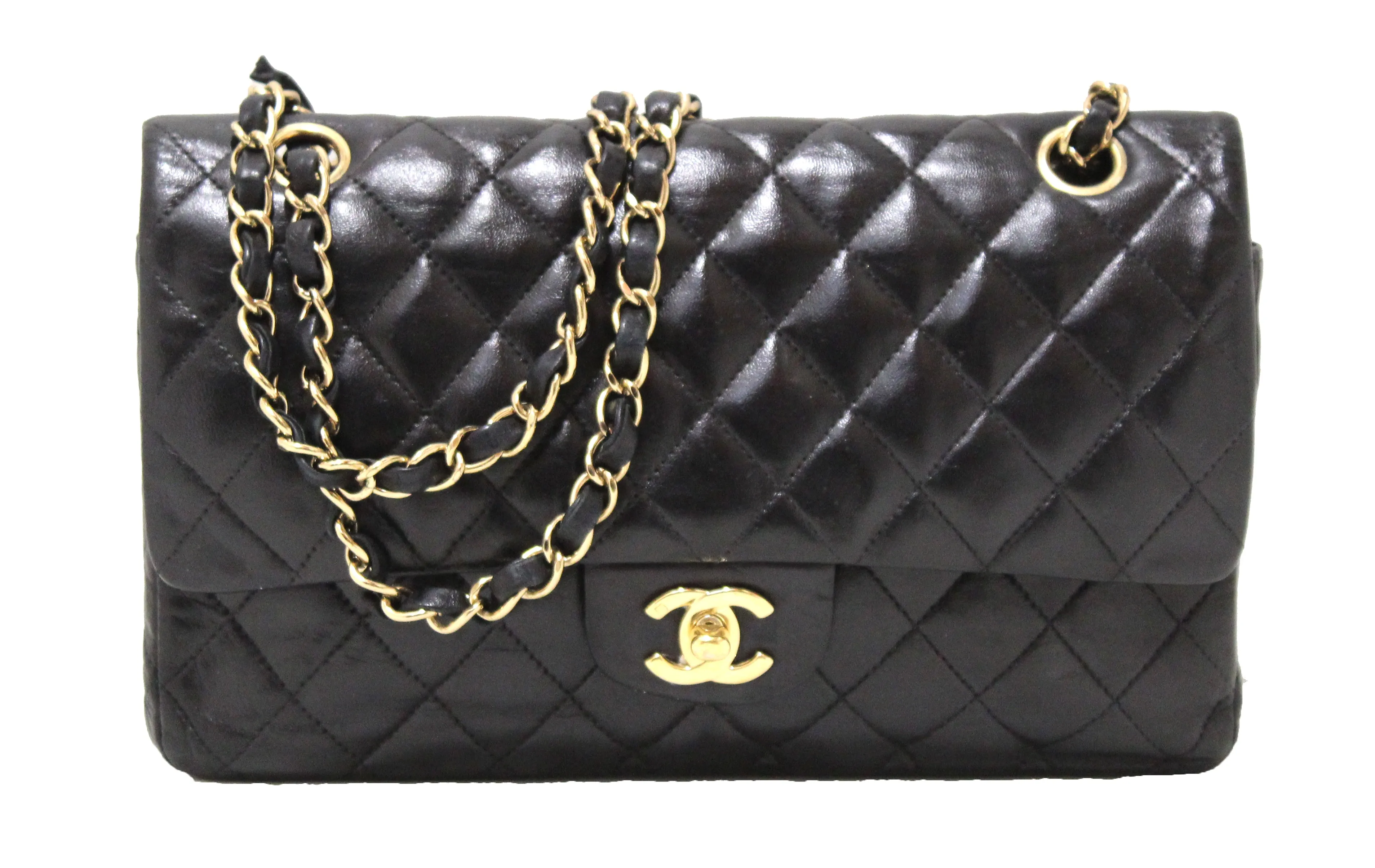 Authentic Chanel Quilted Black Lambskin Leather Classic Medium Flap Bag