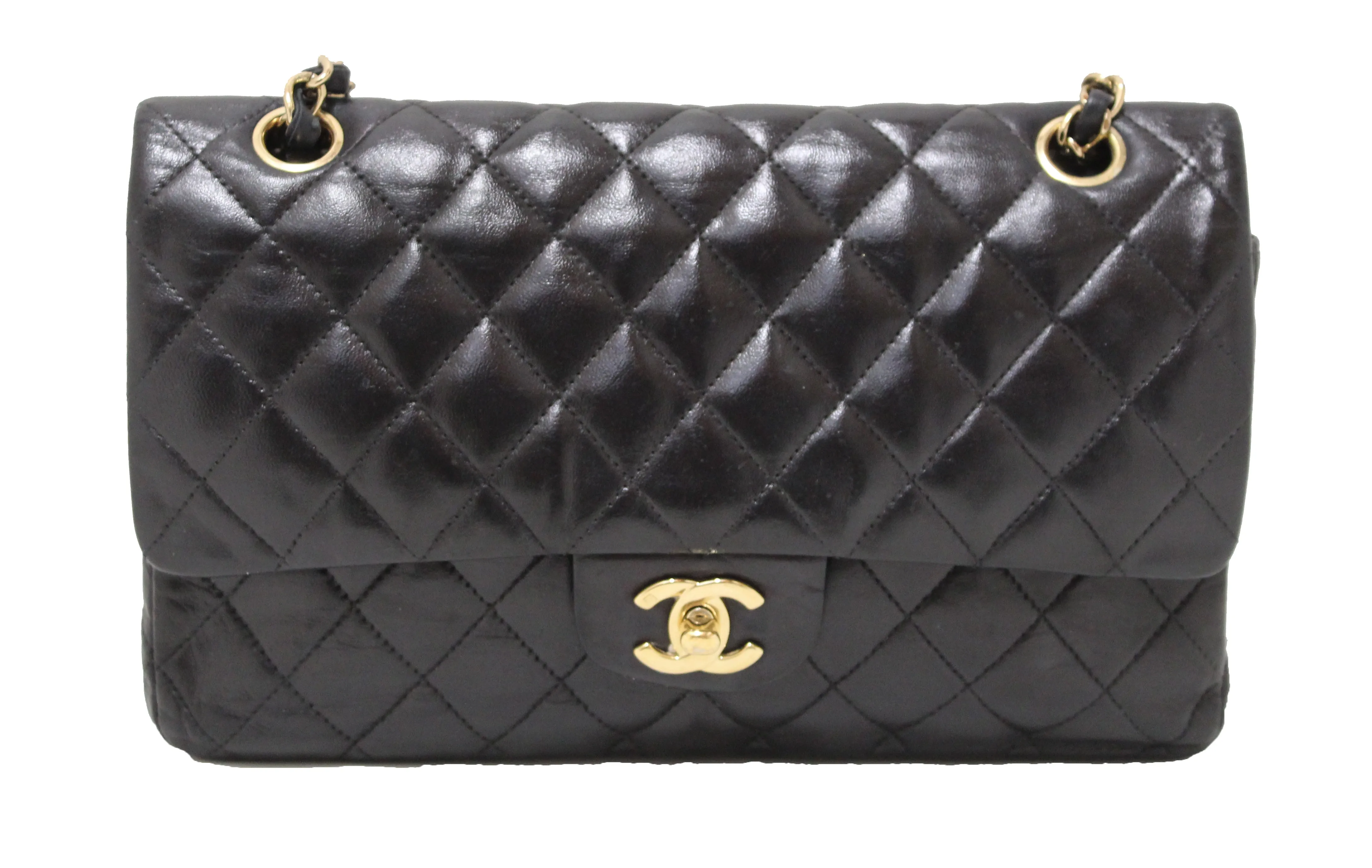 Authentic Chanel Quilted Black Lambskin Leather Classic Medium Flap Bag