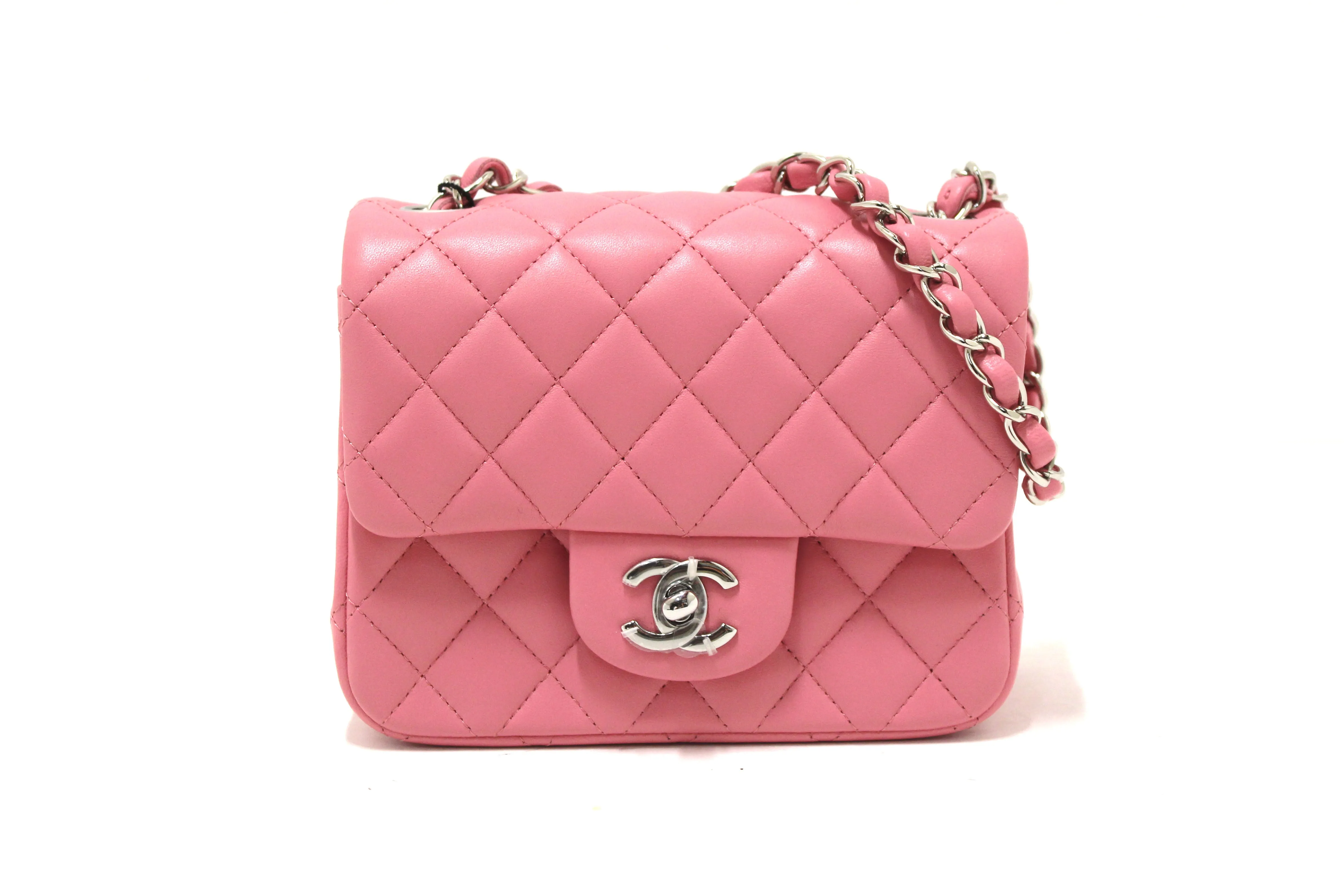 Authentic NEW Chanel Quilted Pink Lambskin Leather Mini Square Classic Flap Bag