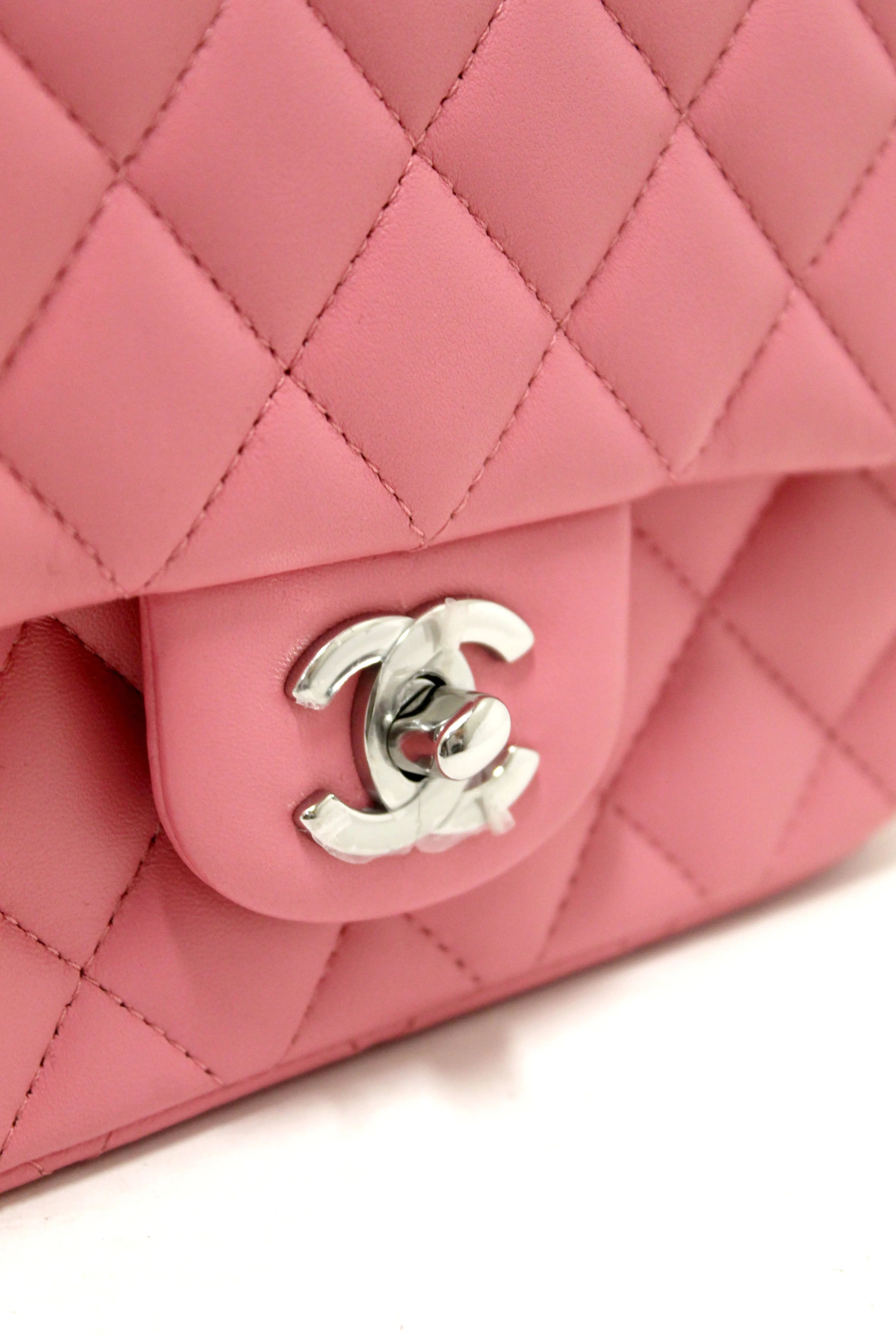 Authentic NEW Chanel Quilted Pink Lambskin Leather Mini Square Classic Flap Bag