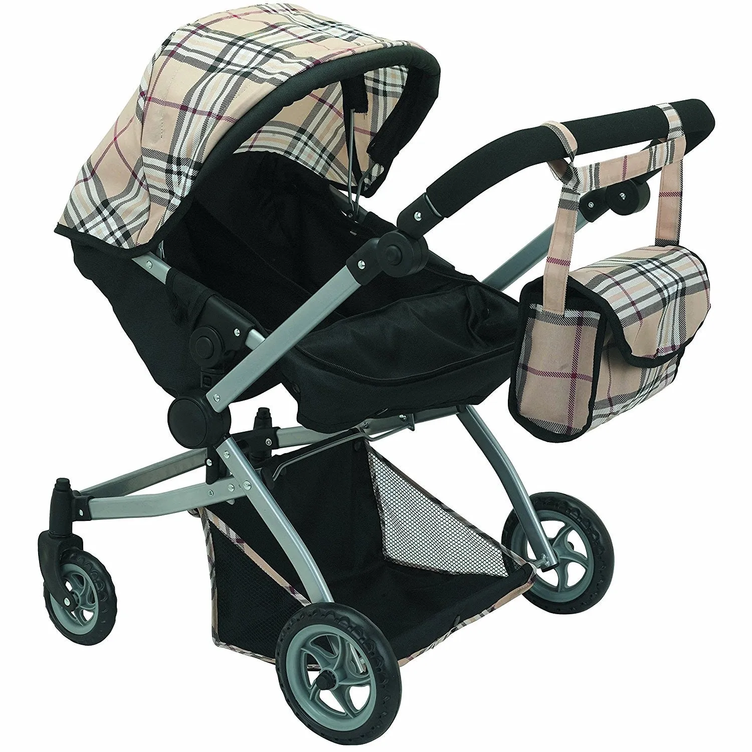 Babyboo Deluxe Twin Doll Pram/Stroller Beige Plaid & Black with Free Carriage Bag (Multi Function View All Photos) - 9651A