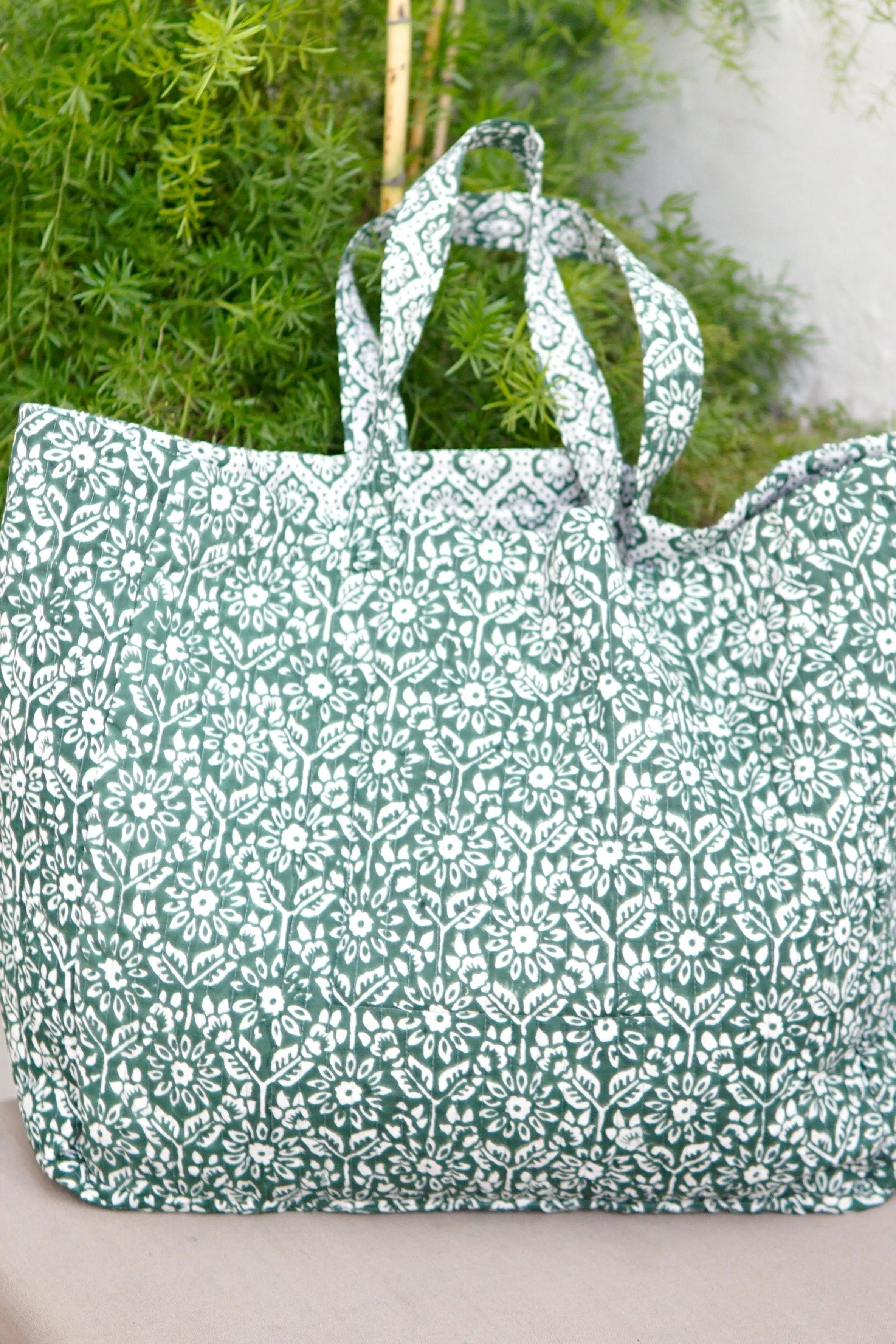 Beach Bag, XL green and white block print, contrast lining with pocket. large beach bag