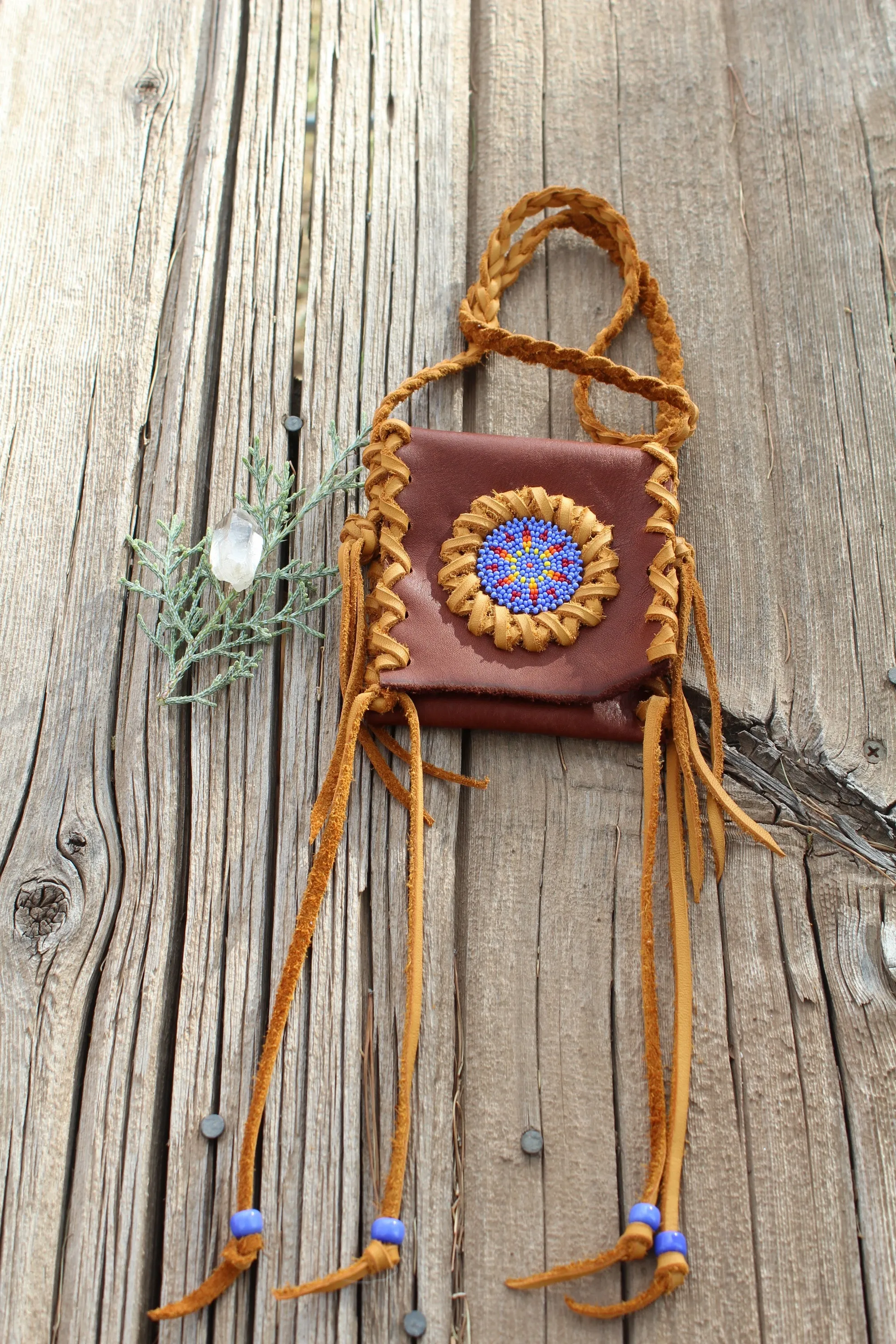 Beaded medicine bag , leather amulet bag