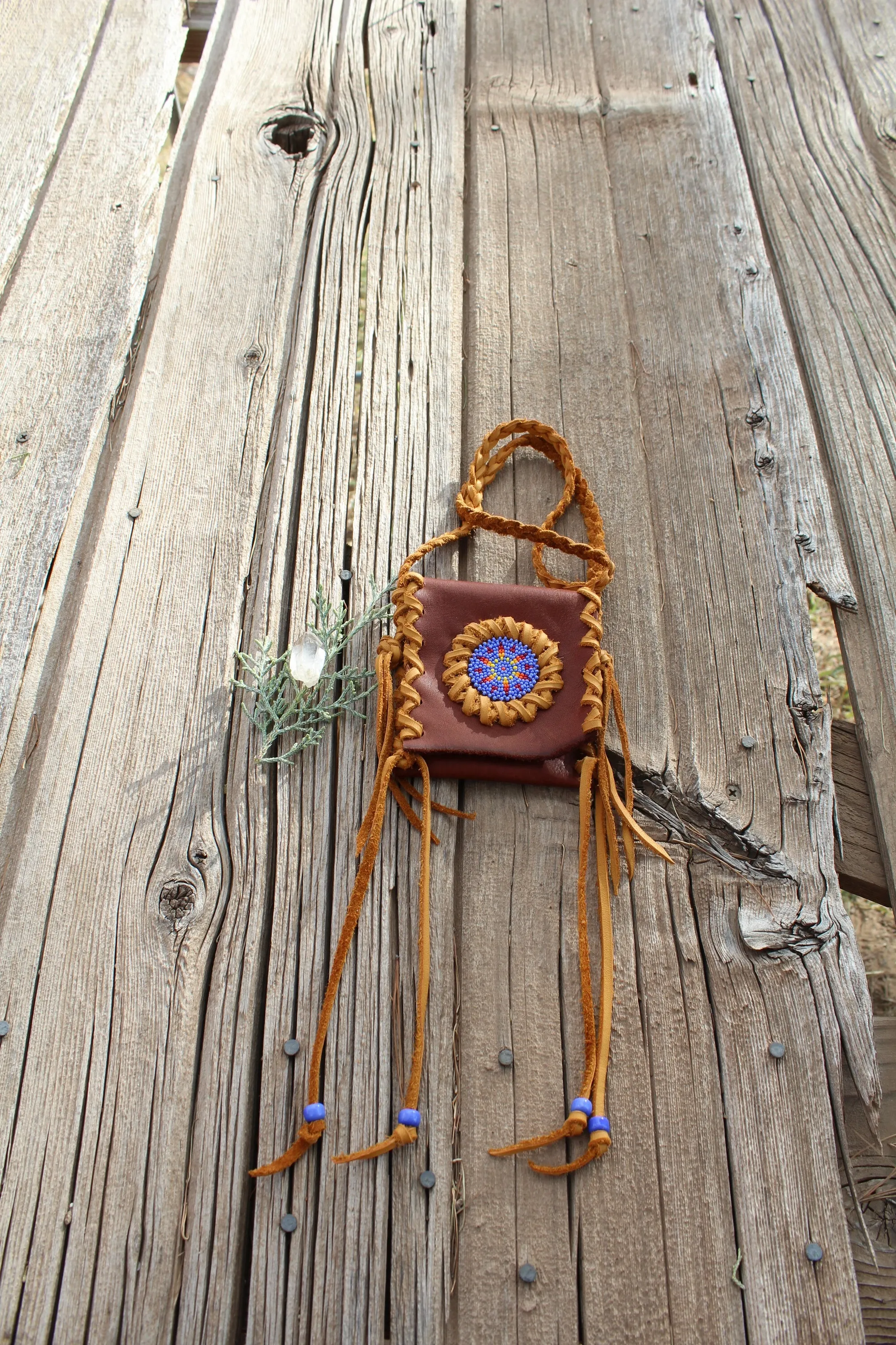 Beaded medicine bag , leather amulet bag