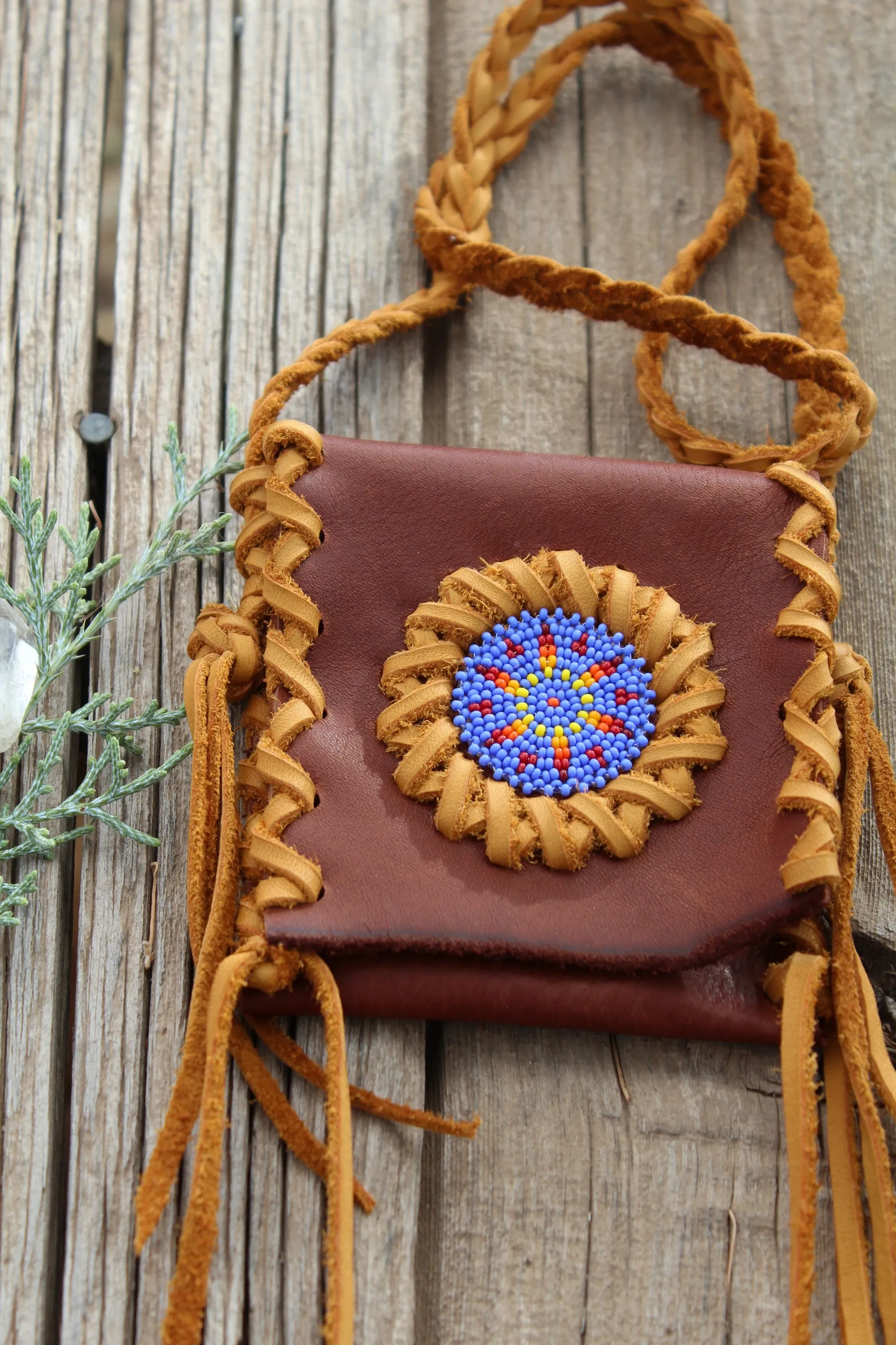 Beaded medicine bag , leather amulet bag