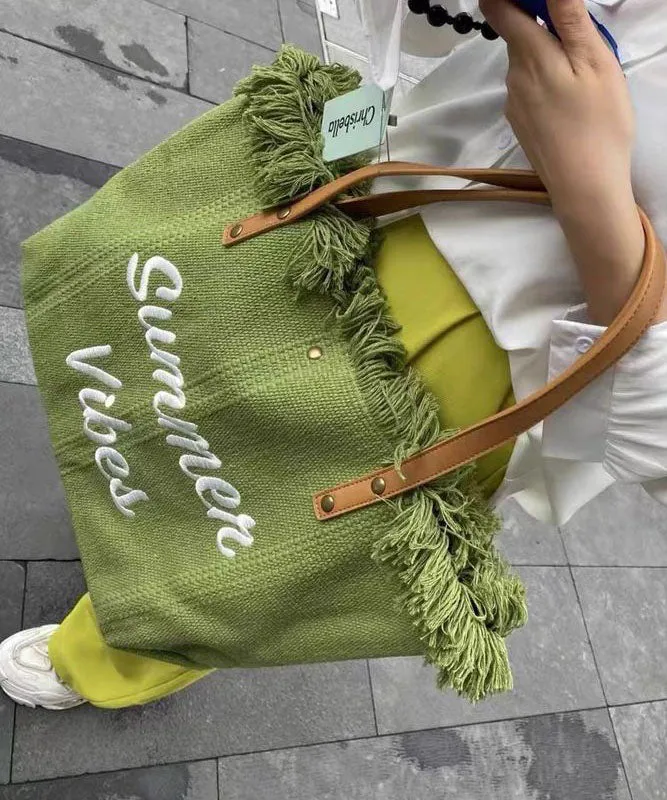 Beautiful Green Letter Embroidery Canvas Oversize Tote Handbag LY1395