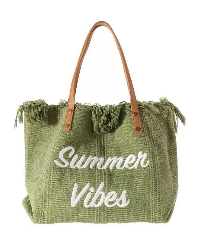 Beautiful Green Letter Embroidery Canvas Oversize Tote Handbag LY1395