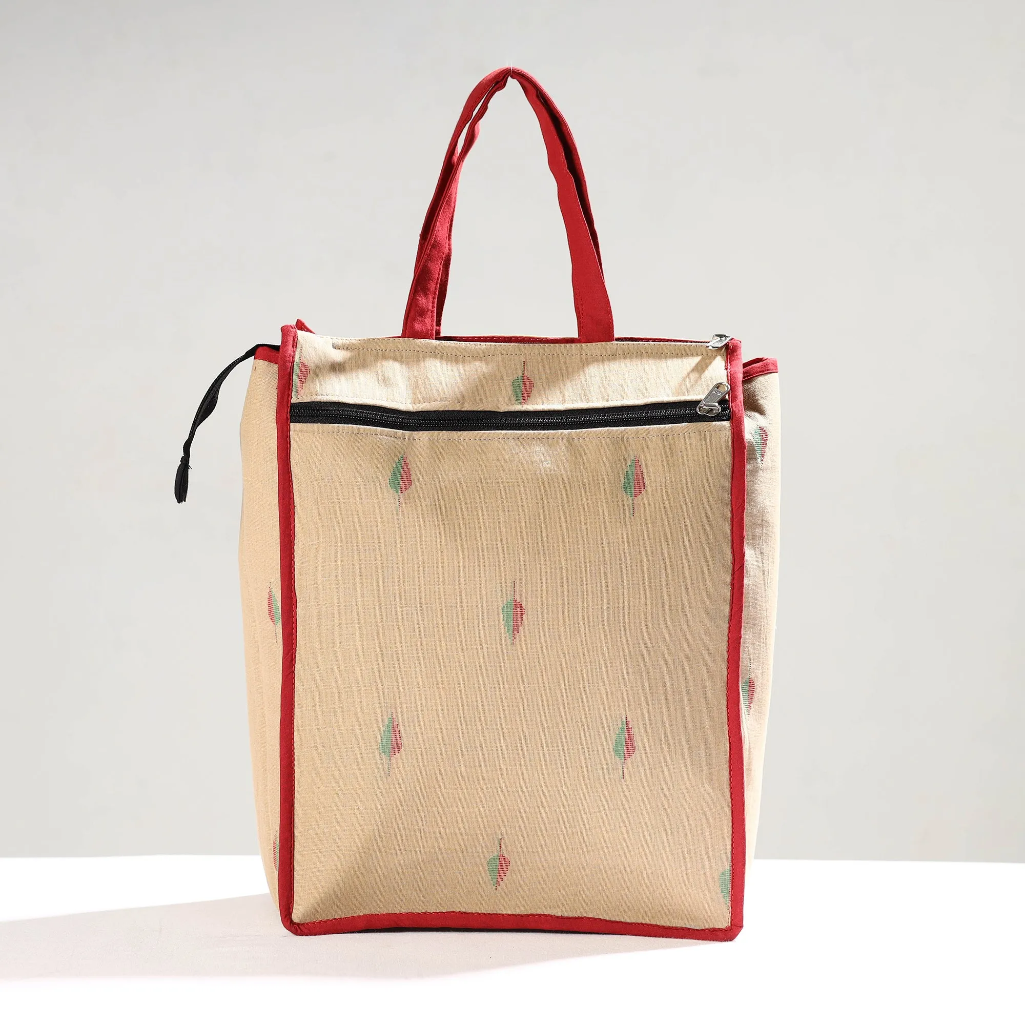 Beige - Handmade Jacquard Cotton Shopping Bag