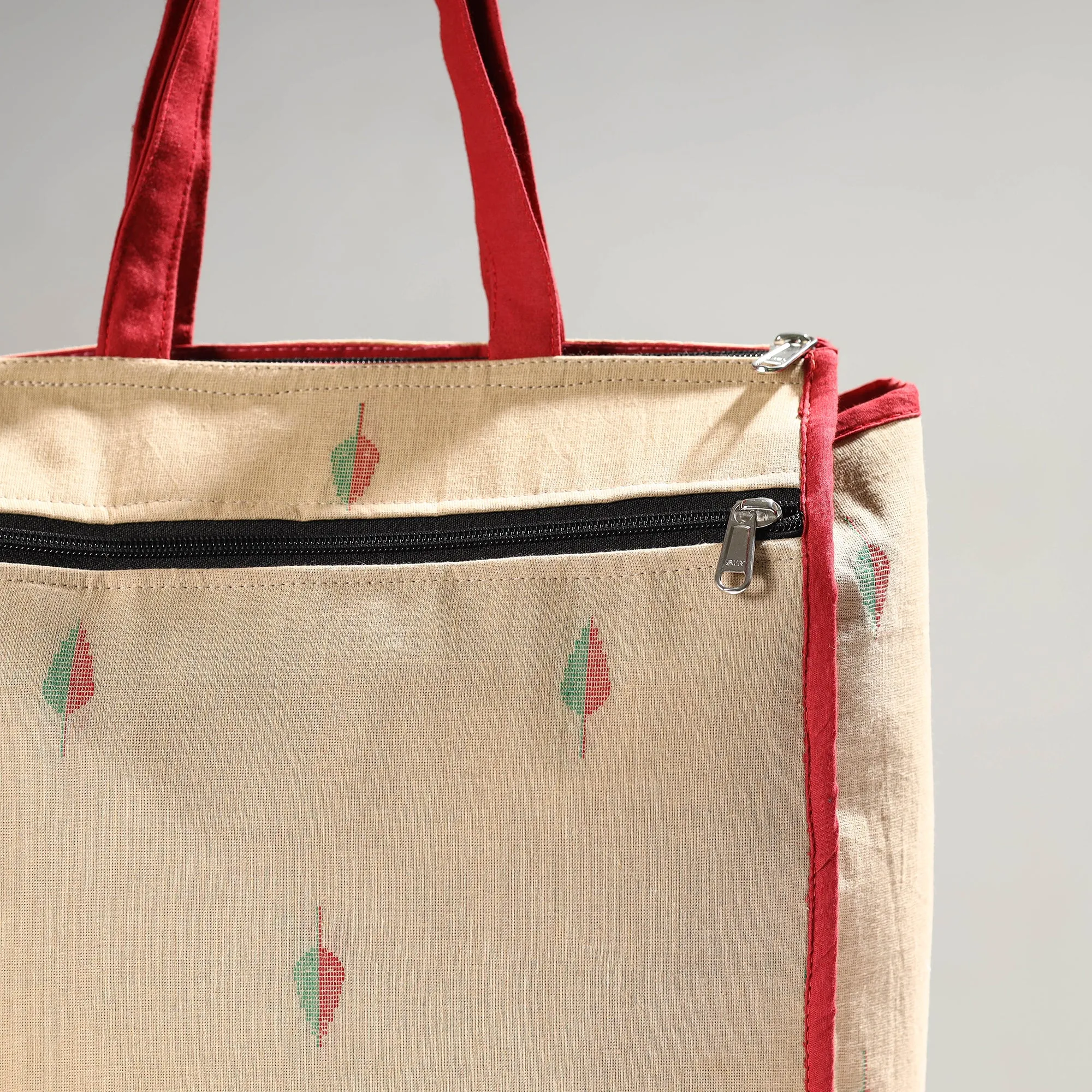 Beige - Handmade Jacquard Cotton Shopping Bag