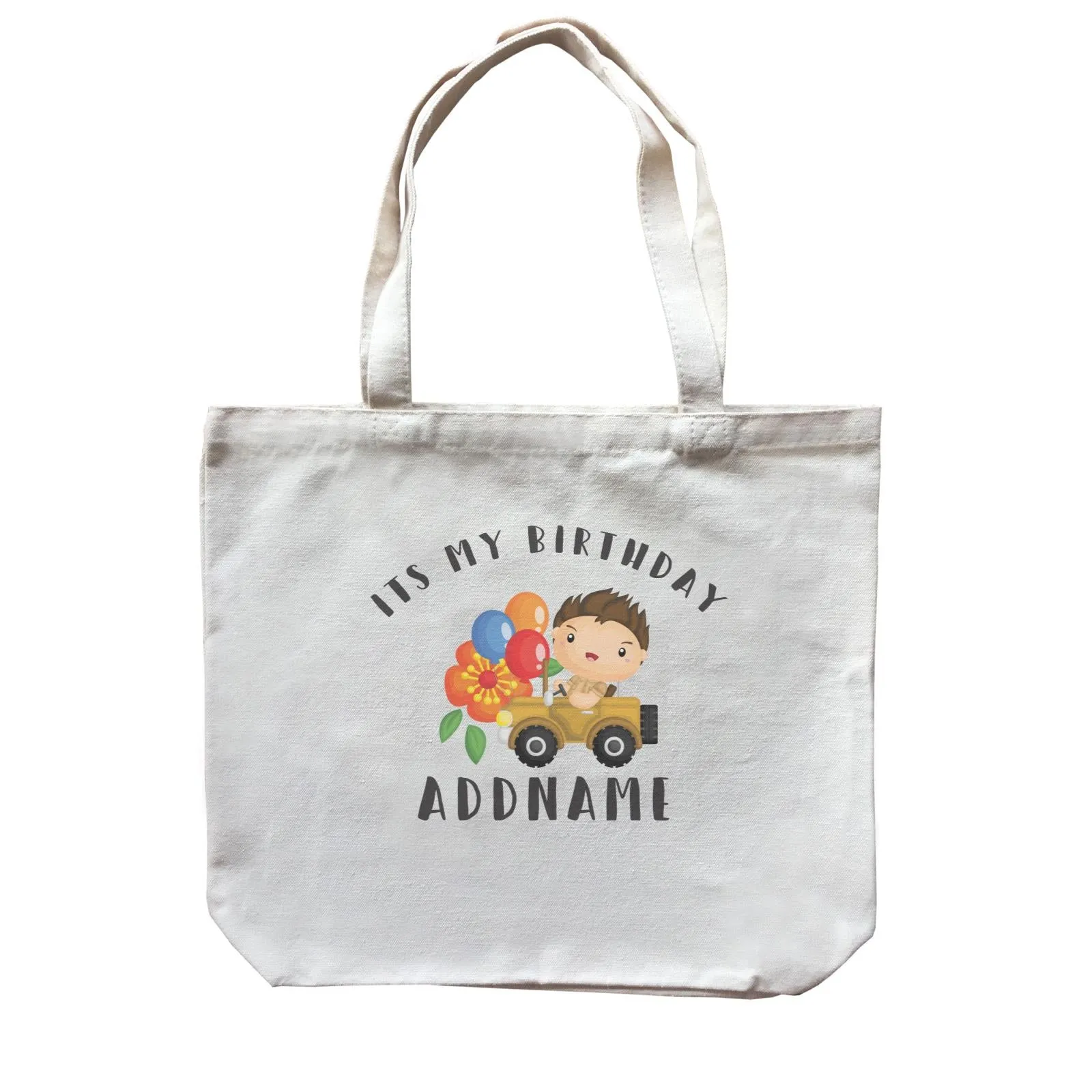 Birthday Safari Explorer Boy Driving Jeep Car It's My Birthday Addname Canvas Bag