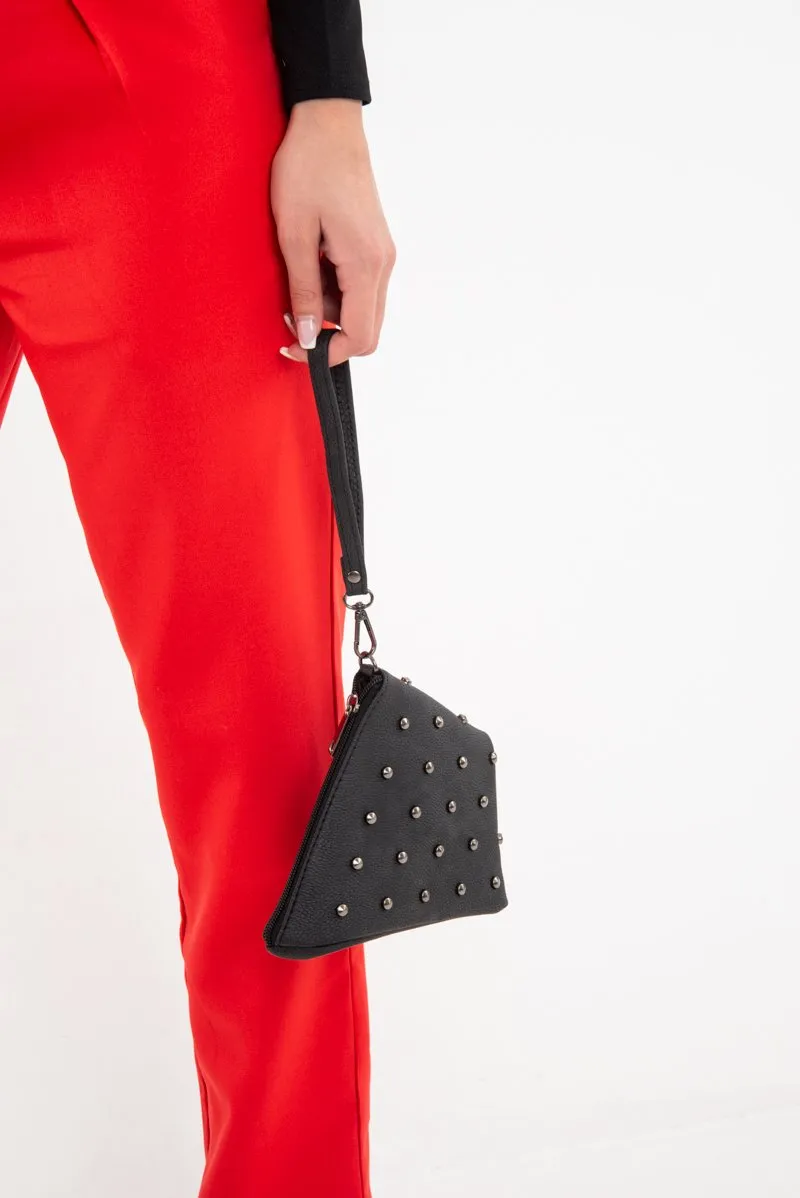 Black Faux Leather Studded Wrist Strap Bag - Nicoletta