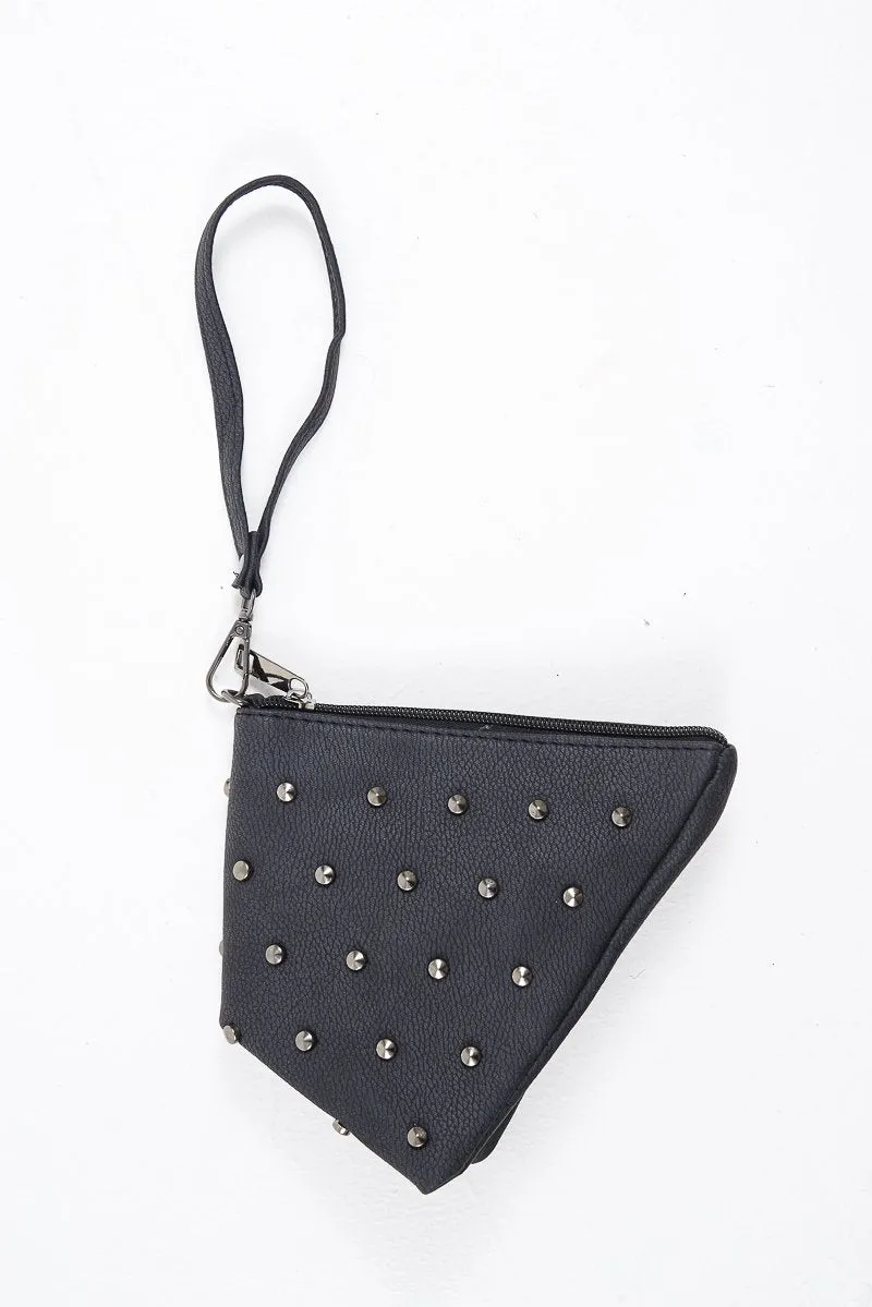 Black Faux Leather Studded Wrist Strap Bag - Nicoletta