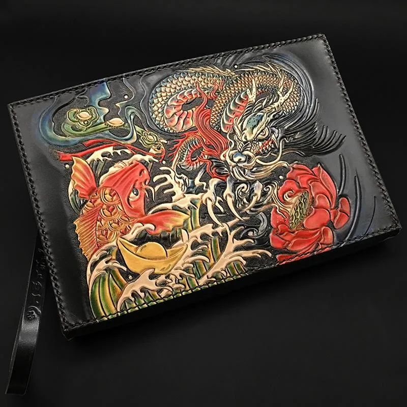 Black Handmade Tooled Leather Mahākāla Clutch Wallet Wristlet Bag Clutch Purse For Men