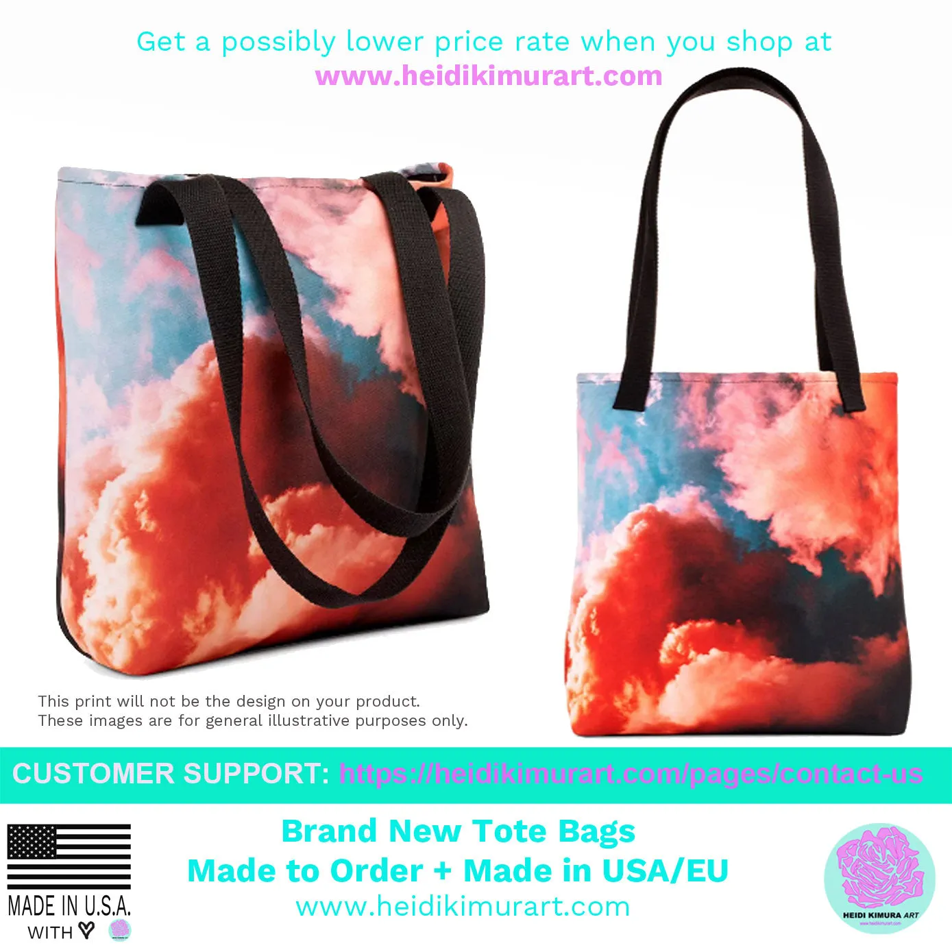 Black Rose Tote Bag, Floral Print 15" x 15", 2.6 US Gal. Capacity Tote Bag-Made in USA/EU