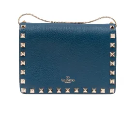 Blue Leather Rockstud Wallet On A Chain Shoulder Bag