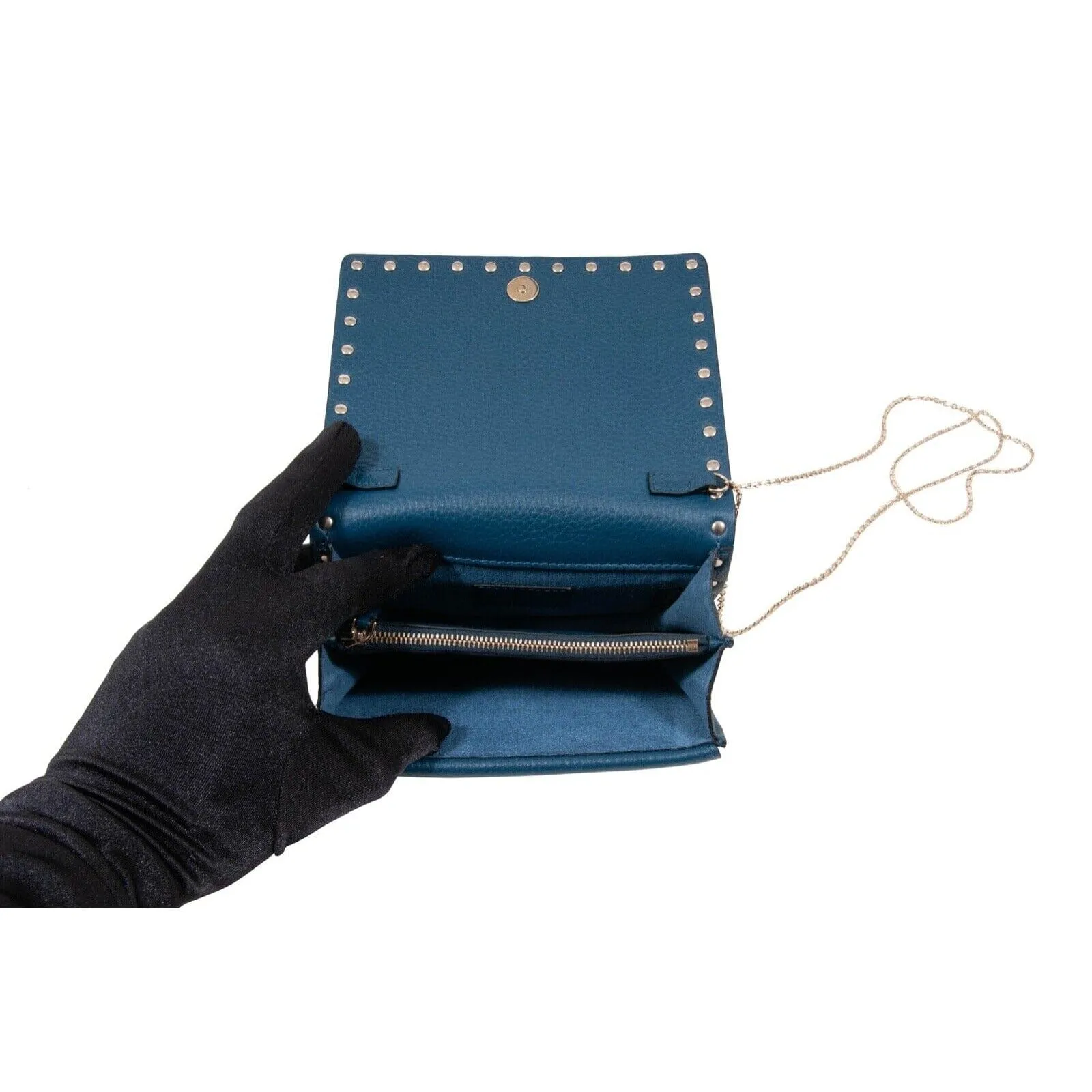 Blue Leather Rockstud Wallet On A Chain Shoulder Bag