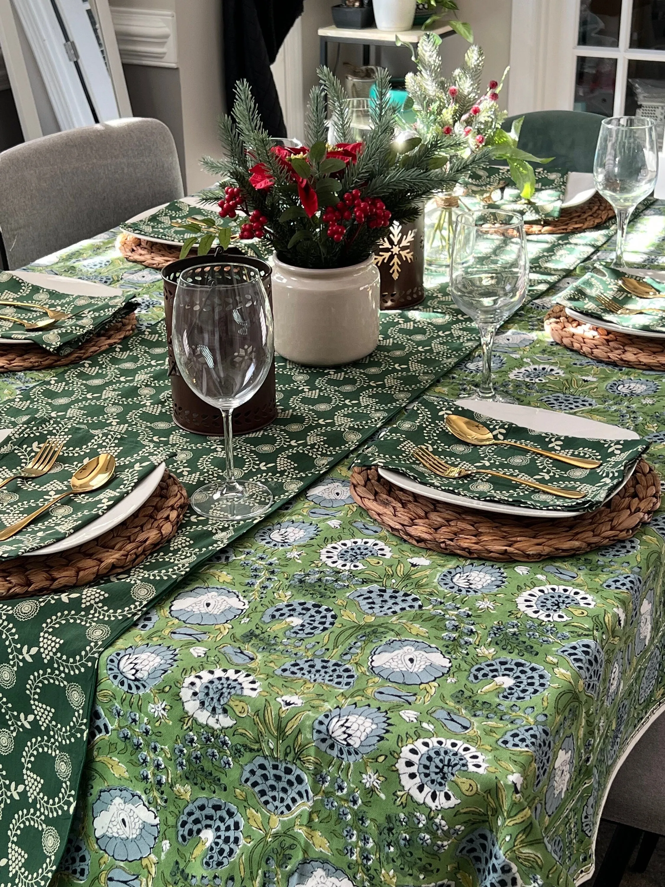 Boho Vintage green block print Tablecloth rectangular table Cover/Placemat/Runner Handmade Table cloth/ unique gift for mom