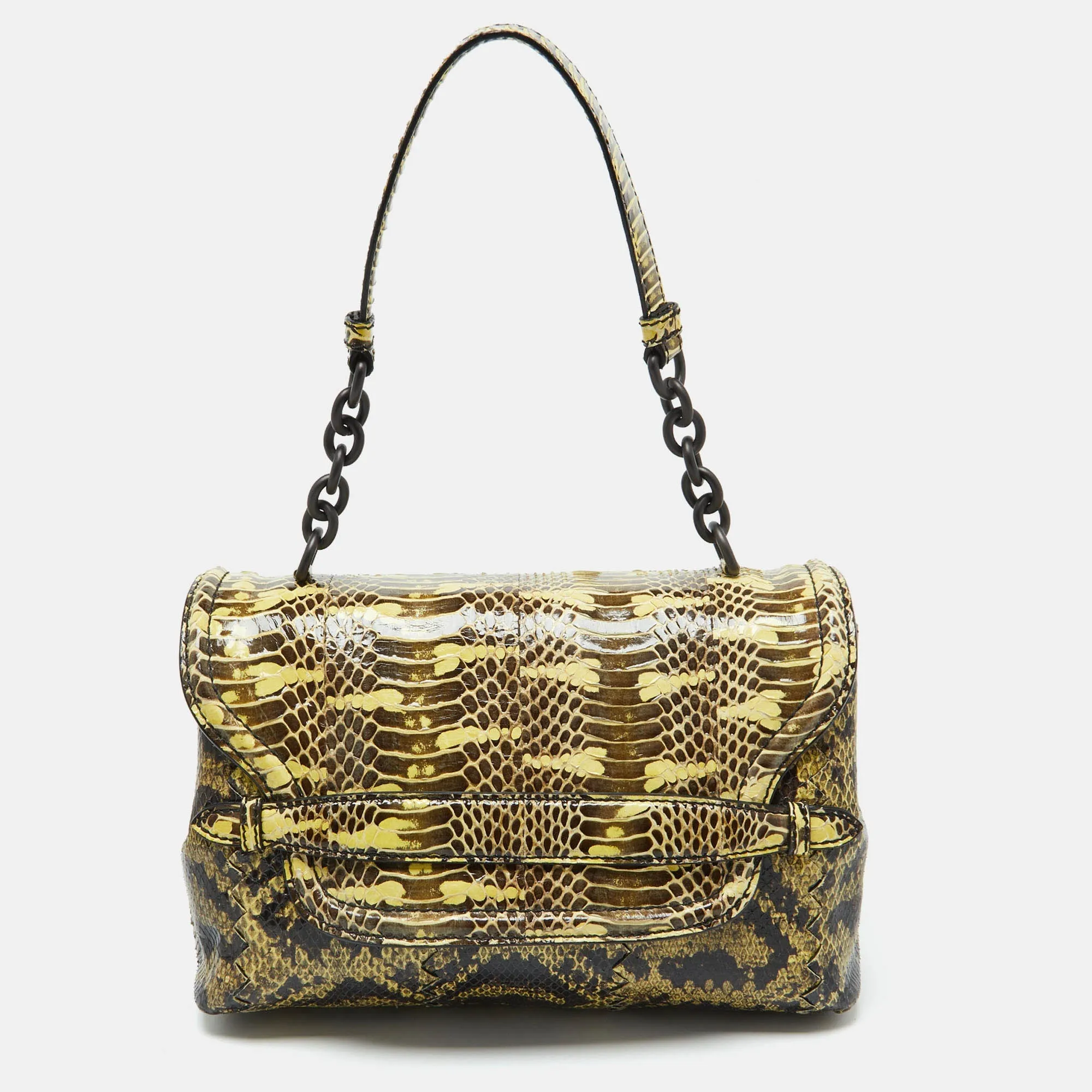 Bottega Veneta Yellow/brown Intrecciato Karung And Watersnake Detail Flap Shoulder Bag