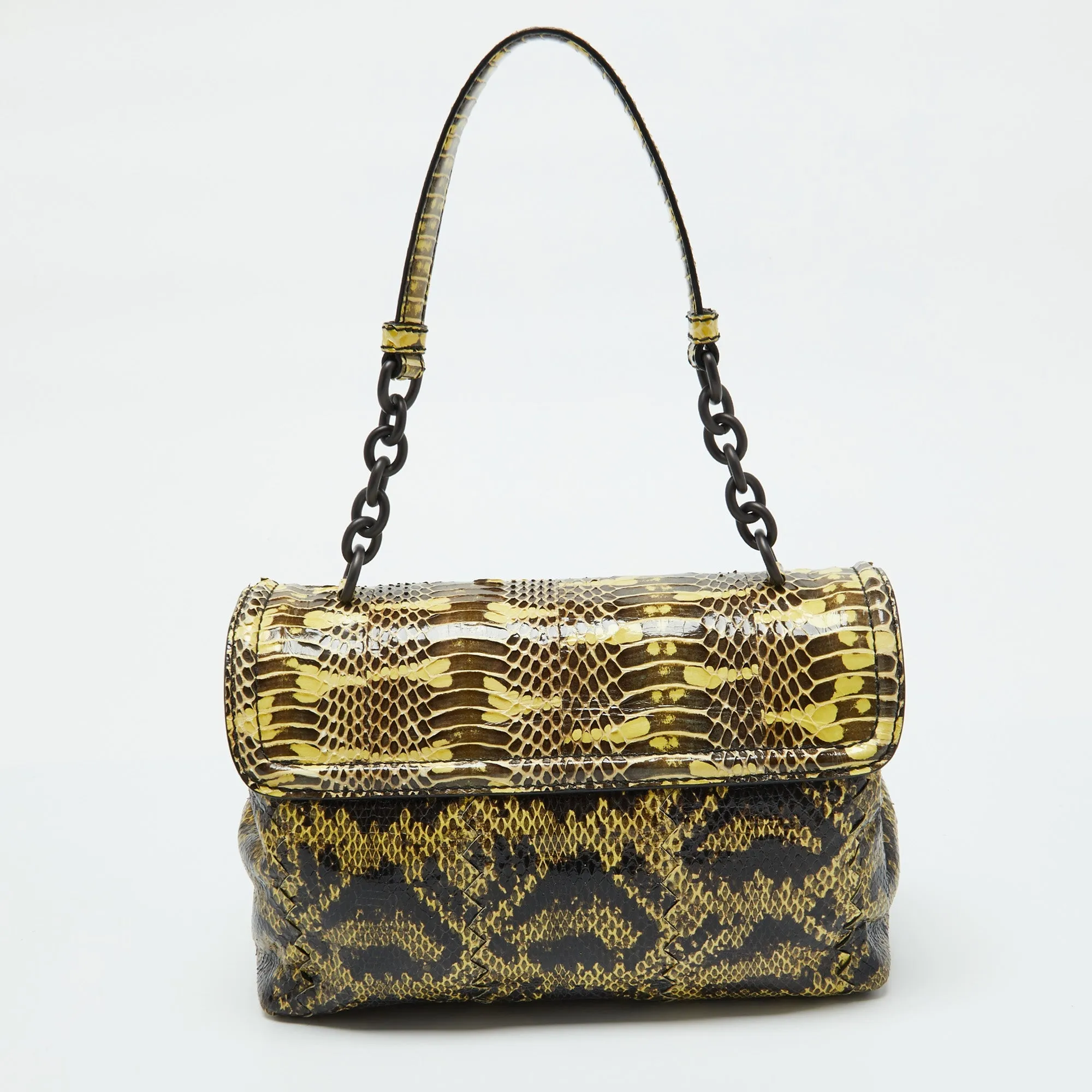 Bottega Veneta Yellow/brown Intrecciato Karung And Watersnake Detail Flap Shoulder Bag