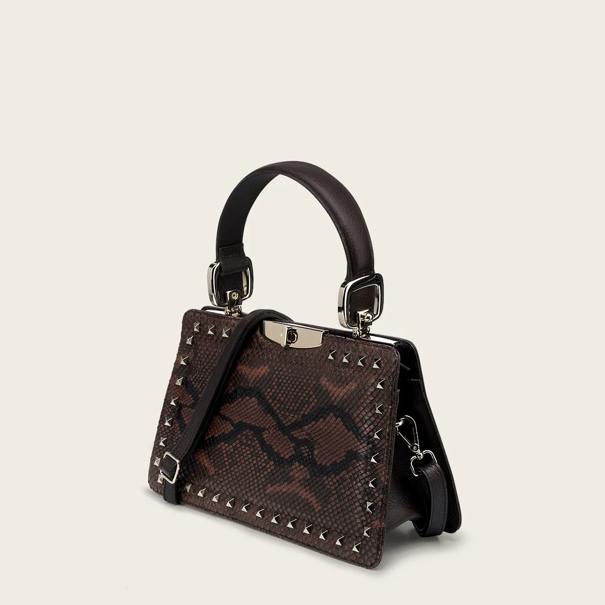 Brown python geometric top handle handbag