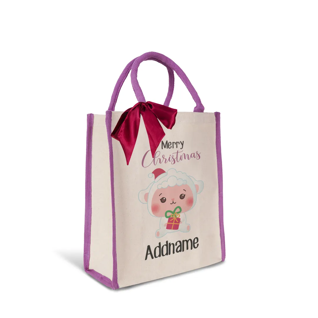 Christmas Cute Animal Series Merry Christmas Sheep Purple Colour Lining Canvas Bag