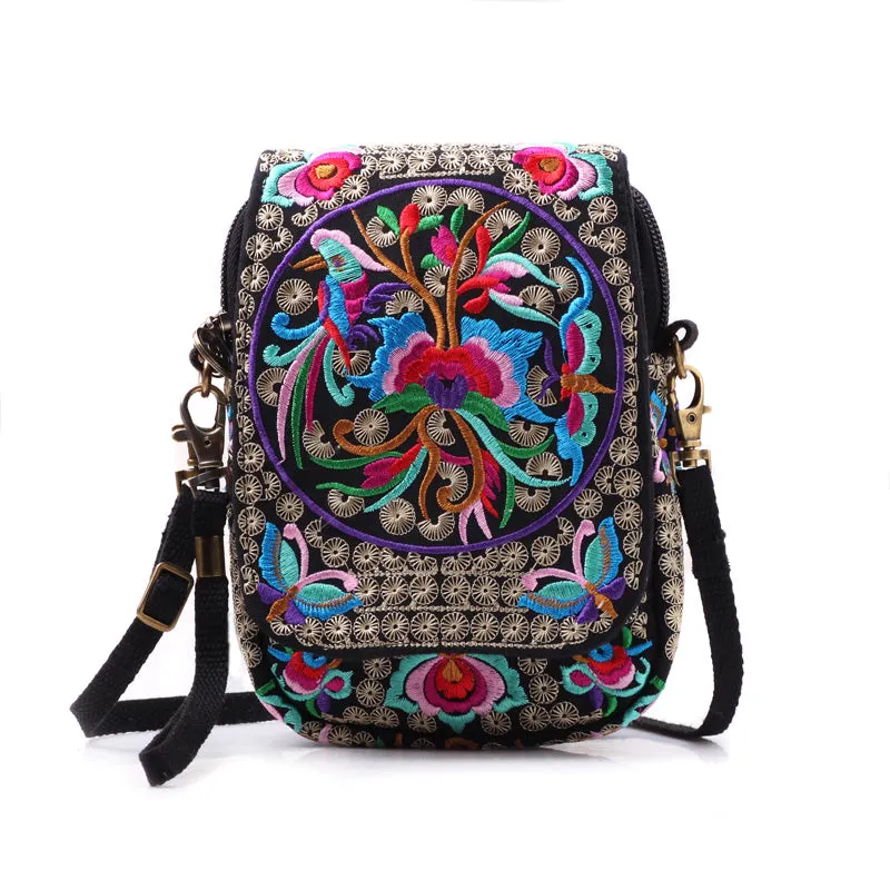 Colorful Cloud Emblem Embroidery Zero Wallet Large Screen Mobile Phone Bag Women's Crossbody Bag Small Handbag Mini Embroidery Retro Bag