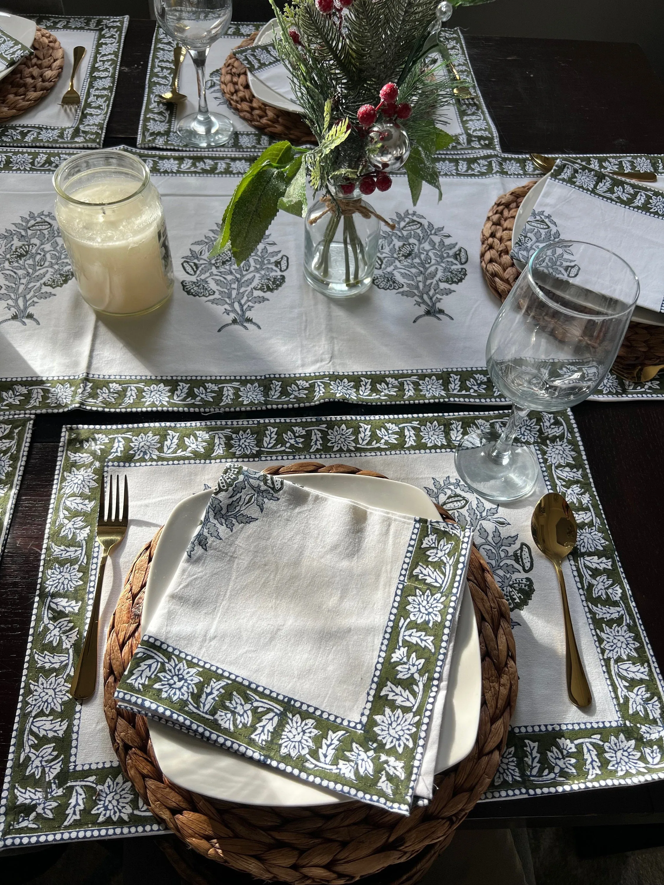 Cotton table runner with placemat, Dining table decor, Cotton napkins, Home decor, Table linen, Housewarming gift,