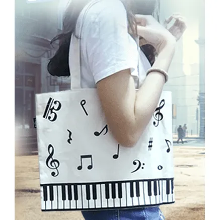 Cream Canvas Tote Bag Music Notes and Keyboard Design