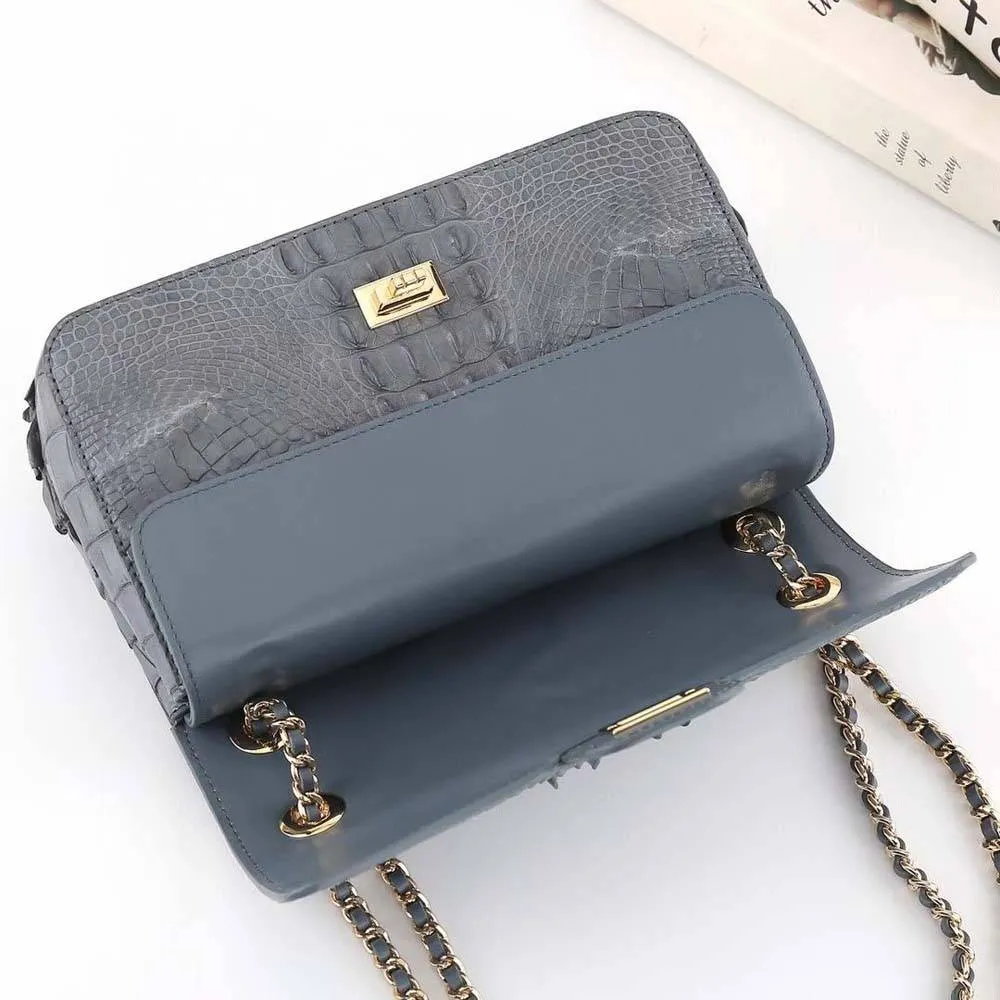 Crocodile Leather Flap Chain Shoulder Bag Dark Grey