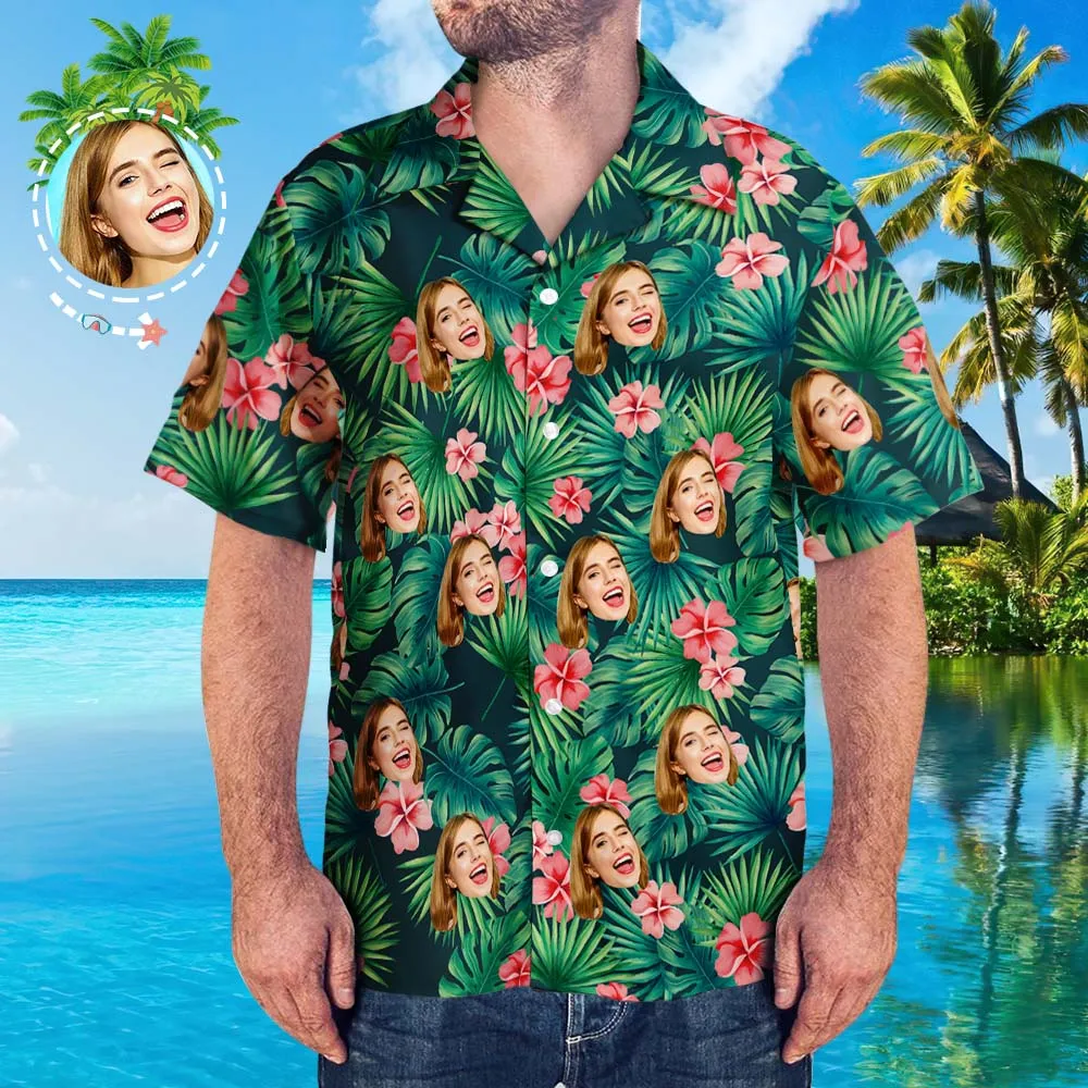 Custom Tropical Shirts Custom Face Hawaiian Shirt Leaves & Flowers Men's All Over Print Hawaiian Shirt