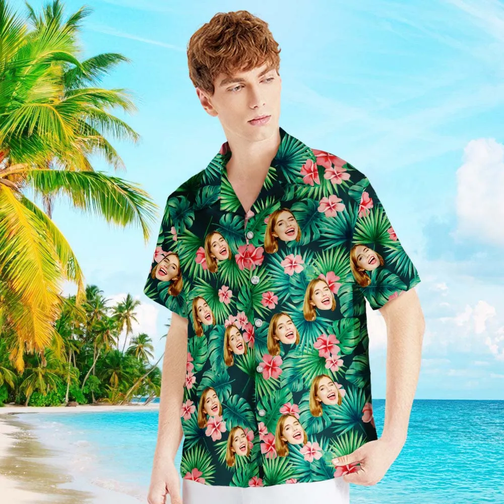 Custom Tropical Shirts Custom Face Hawaiian Shirt Leaves & Flowers Men's All Over Print Hawaiian Shirt