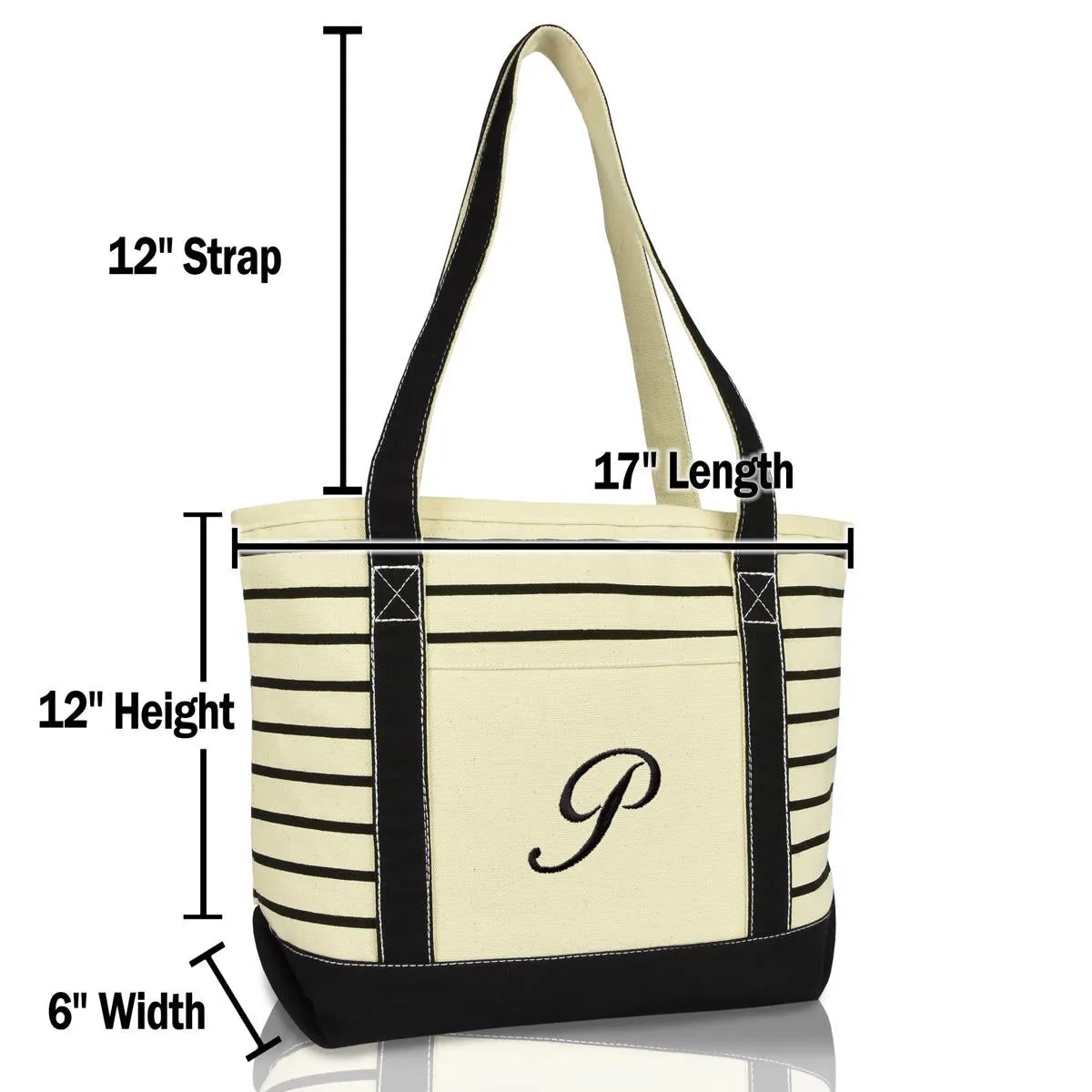 Dalix Striped P-Initial Tote Bag Womens Ballent Letter P