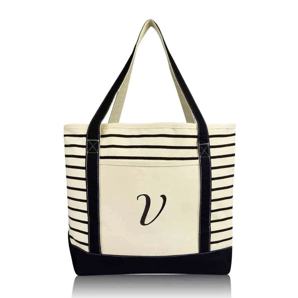 Dalix  Striped V-Initial Tote Bag Womens Ballent Letter V