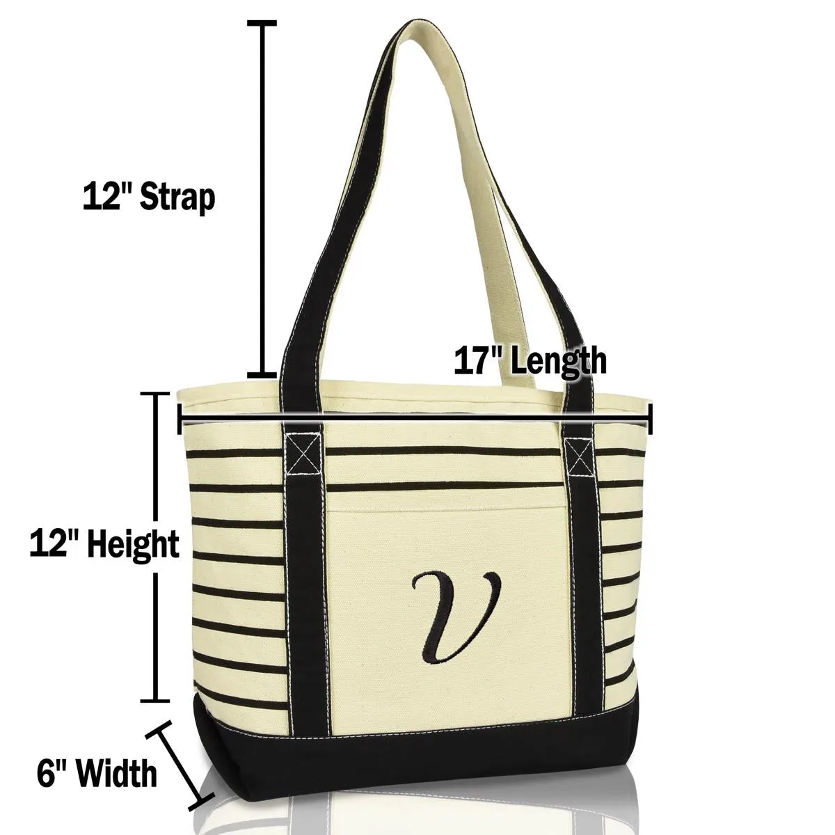 Dalix  Striped V-Initial Tote Bag Womens Ballent Letter V