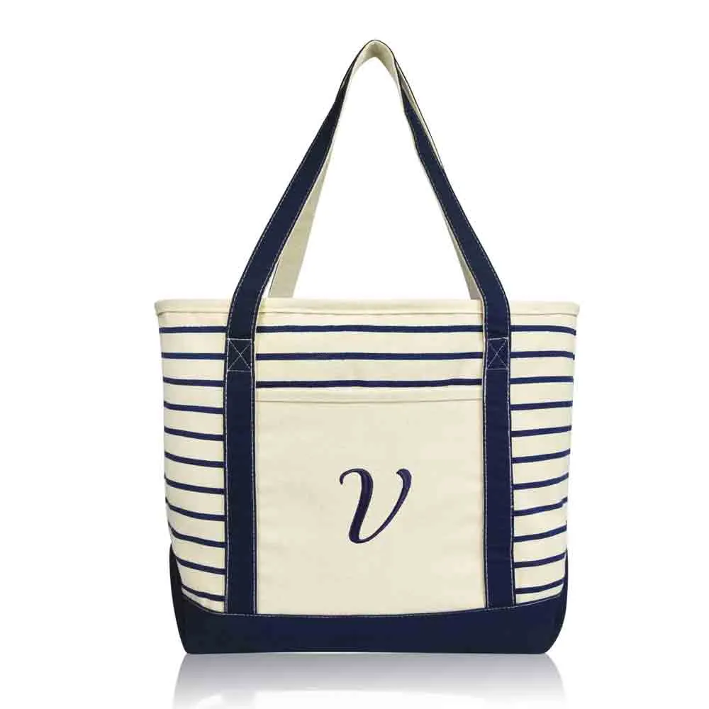 Dalix  Striped V-Initial Tote Bag Womens Ballent Letter V