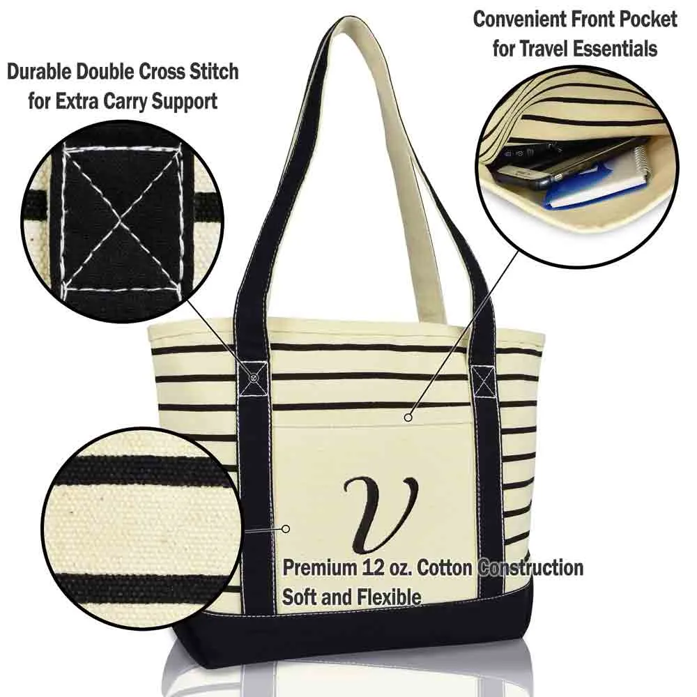 Dalix  Striped V-Initial Tote Bag Womens Ballent Letter V