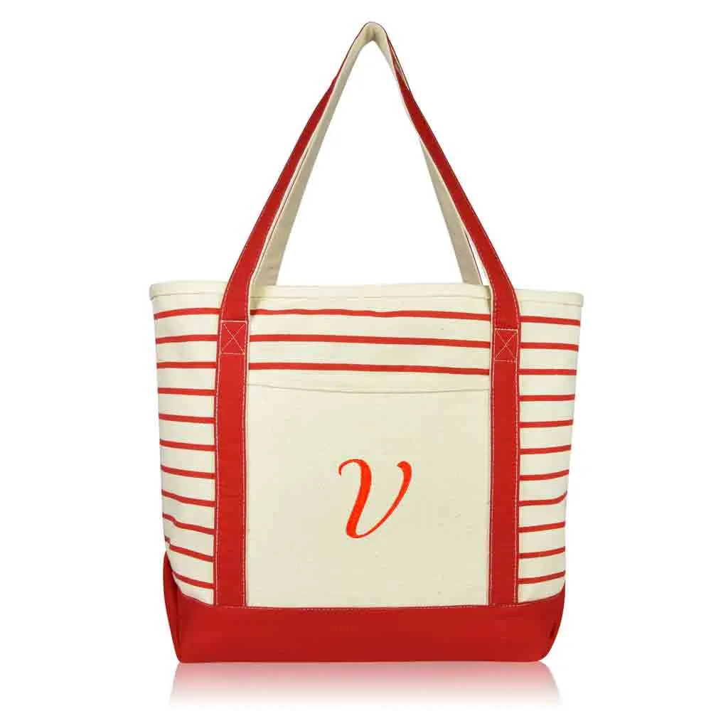 Dalix  Striped V-Initial Tote Bag Womens Ballent Letter V