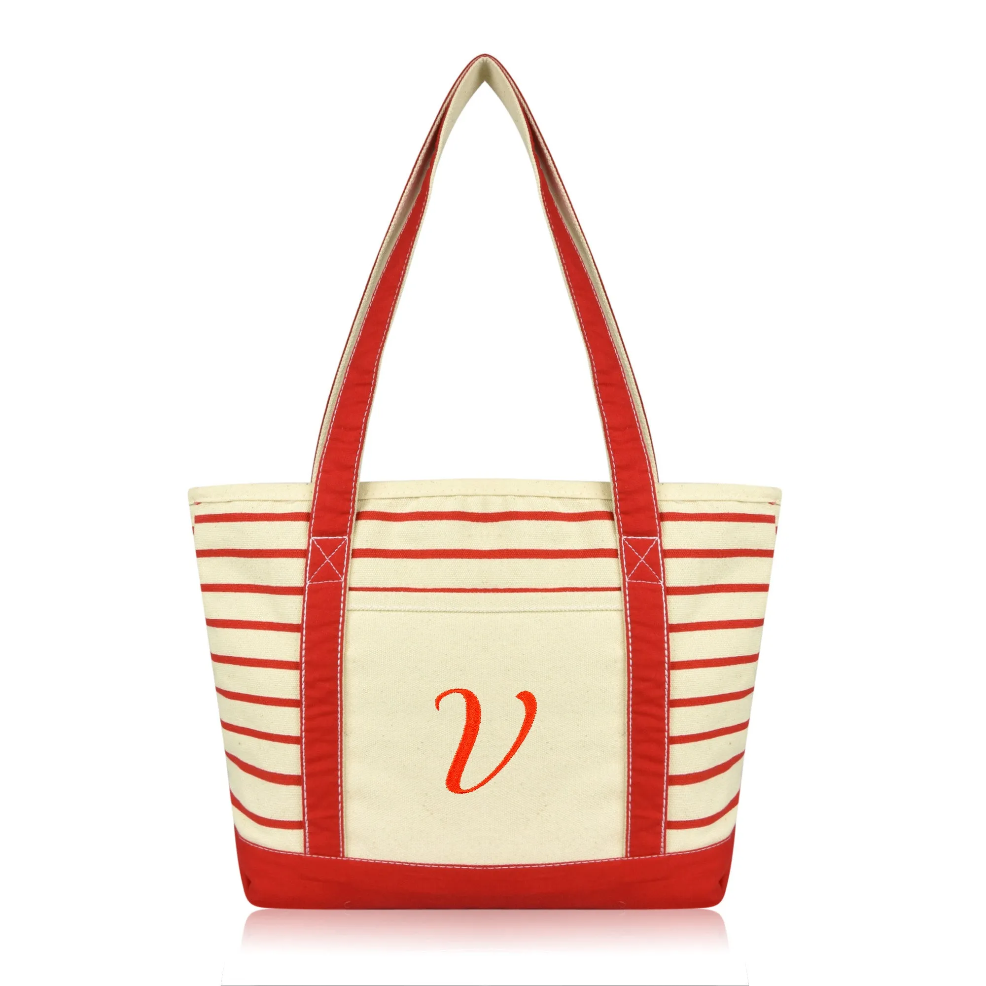 Dalix  Striped V-Initial Tote Bag Womens Ballent Letter V