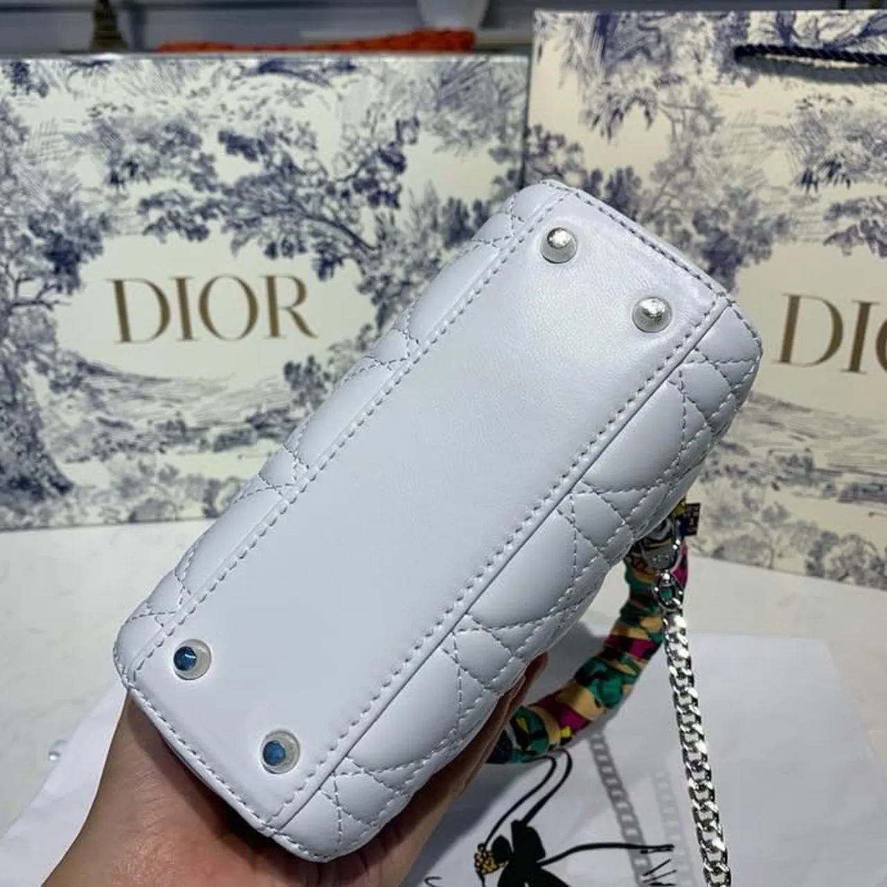 DI Mini Lady Bag with Chain and Embellished Bag Strap Silver Hardware Spring/Summer Collection, White, For Women Women’s Handbags, 18cm CD