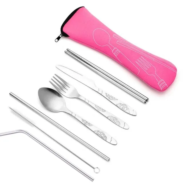 Dinnerware Portable Spoon Fork Steak Knife Travel Tableware with Bag