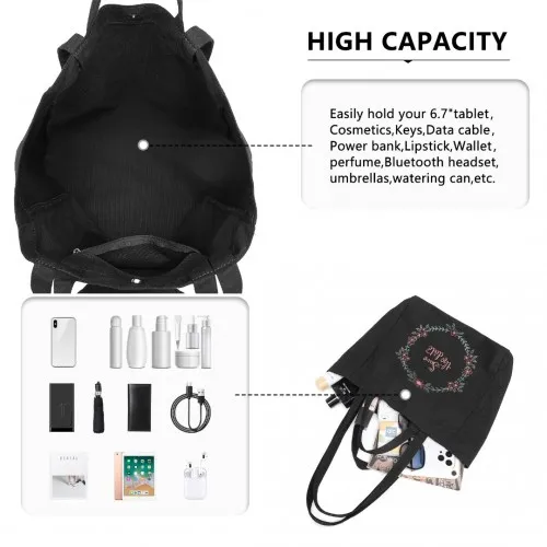 Durable Black Canvas Shopping Shoulder Bag - Eco-Friendly & Versatile Tote with Magnetic Snap Closure