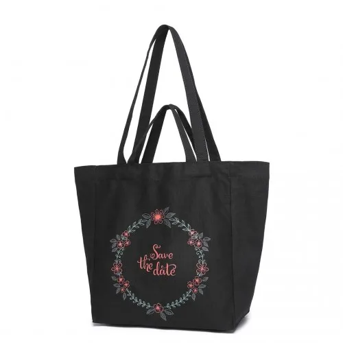 Durable Black Canvas Shopping Shoulder Bag - Eco-Friendly & Versatile Tote with Magnetic Snap Closure