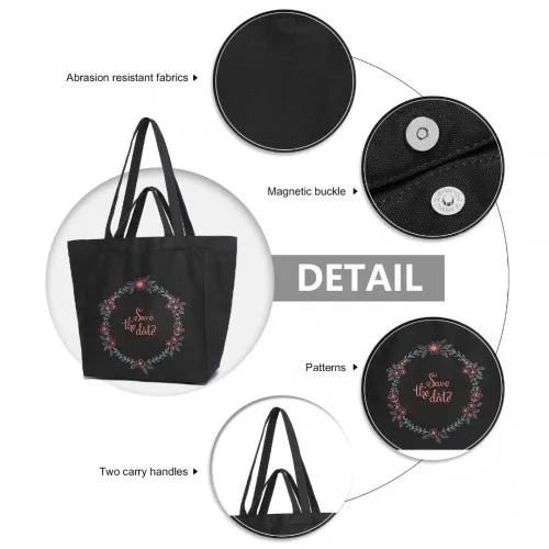 Durable Black Canvas Shopping Shoulder Bag - Eco-Friendly & Versatile Tote with Magnetic Snap Closure