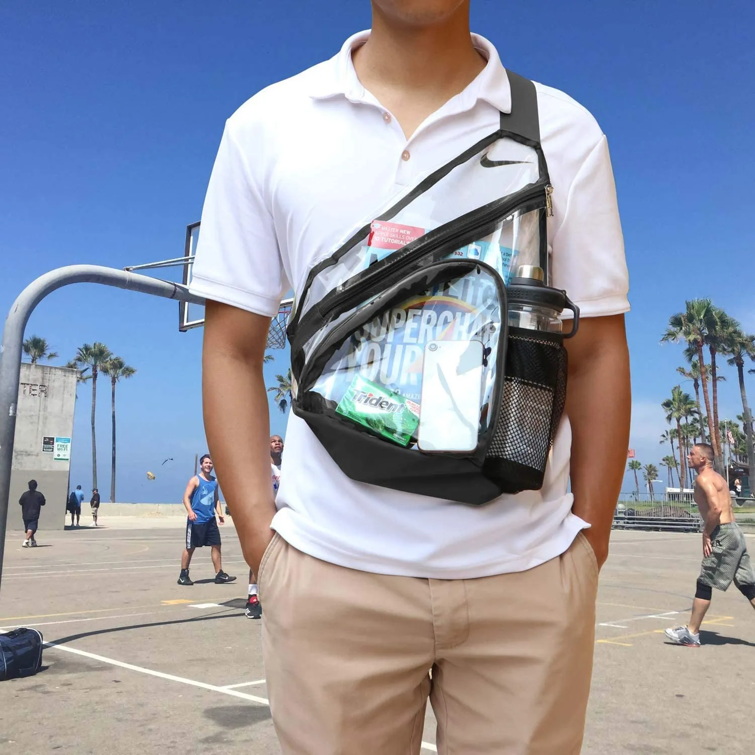 Durable Sling Black Bag Clear Backpack with Adjustable Strap