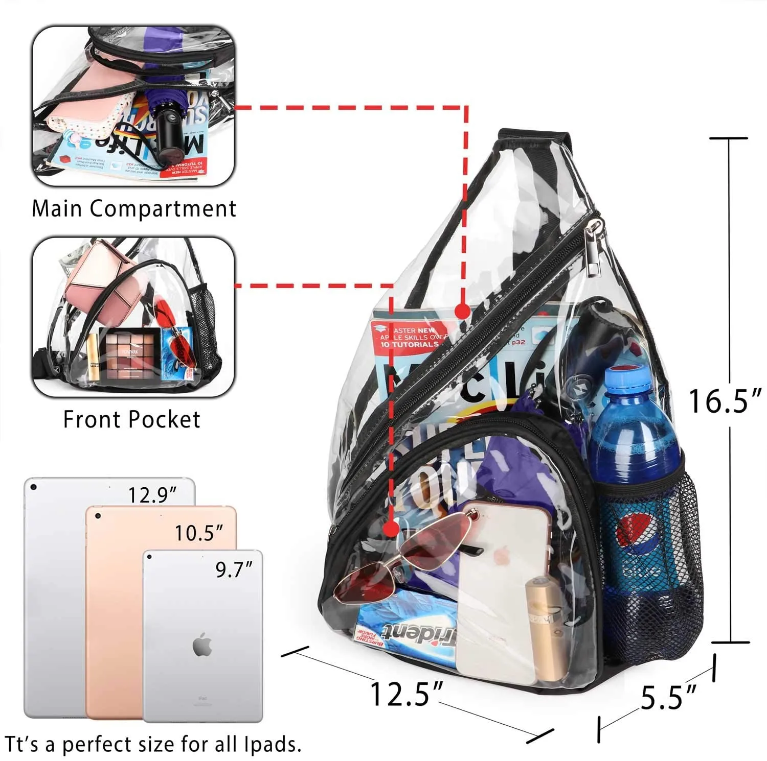 Durable Sling Black Bag Clear Backpack with Adjustable Strap